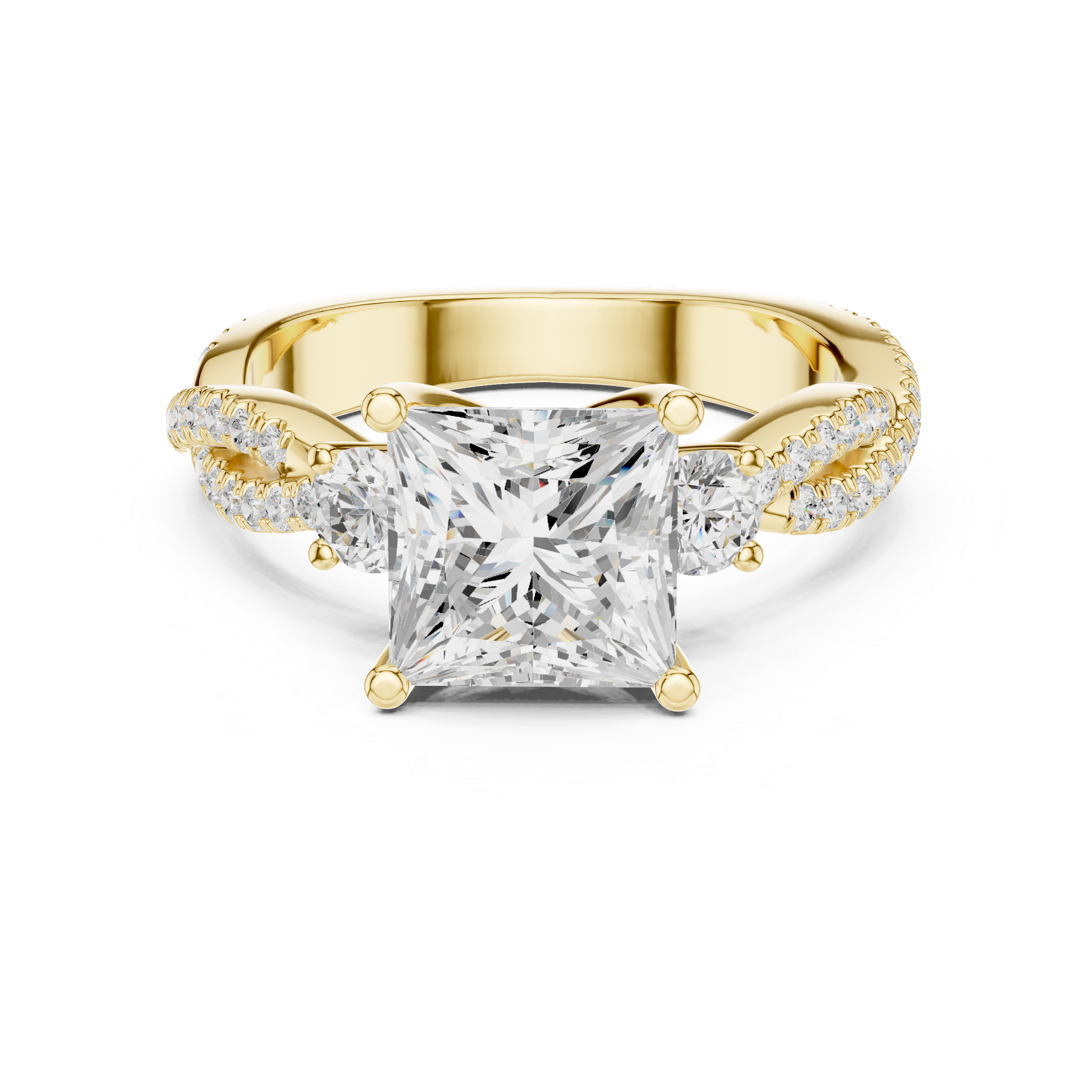 Princess Cut Twisted Pavé Three Stone Engagement Ring with Round Side Diamonds