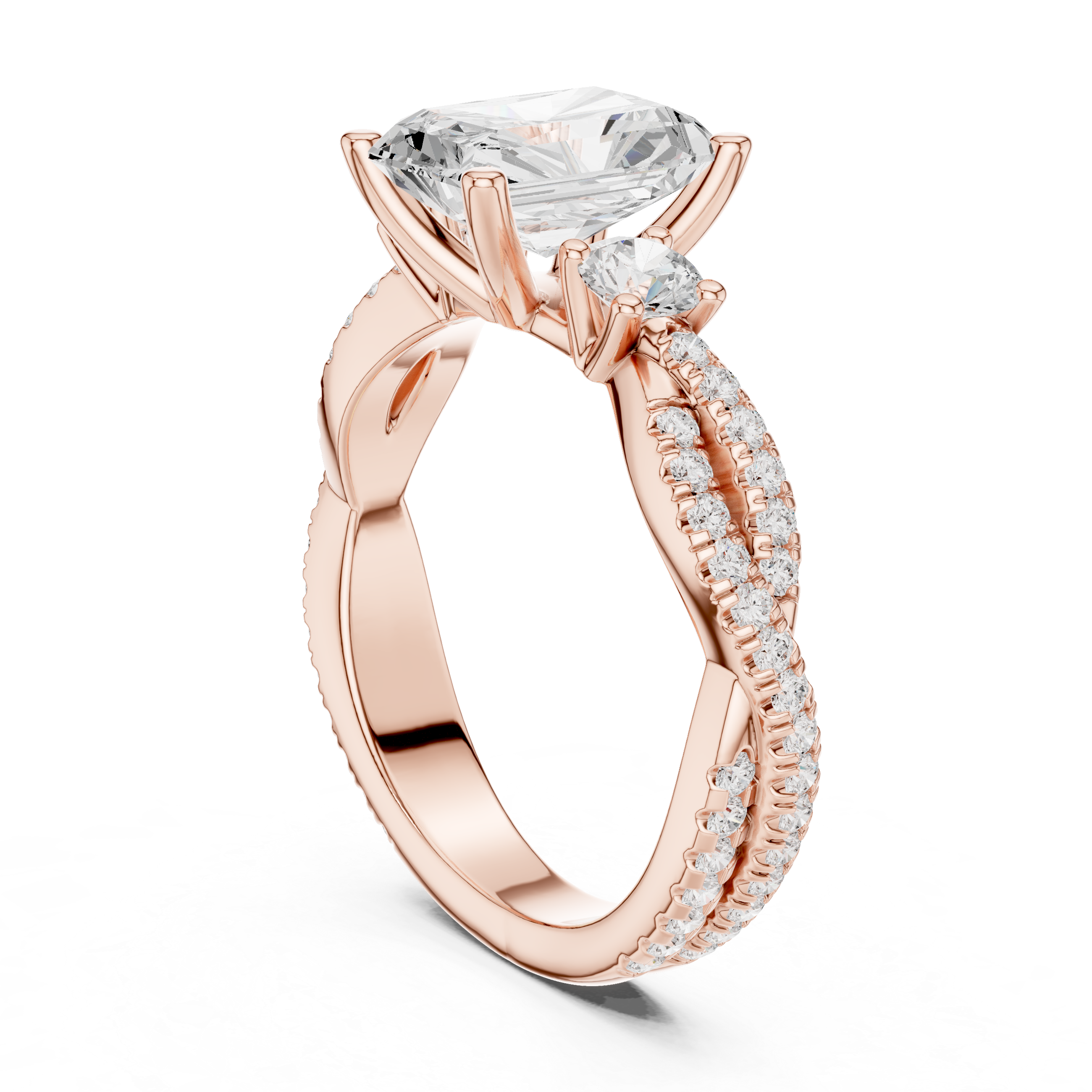 Radiant Cut Twisted Pavé Three Stone Engagement Ring with Round Side Diamonds