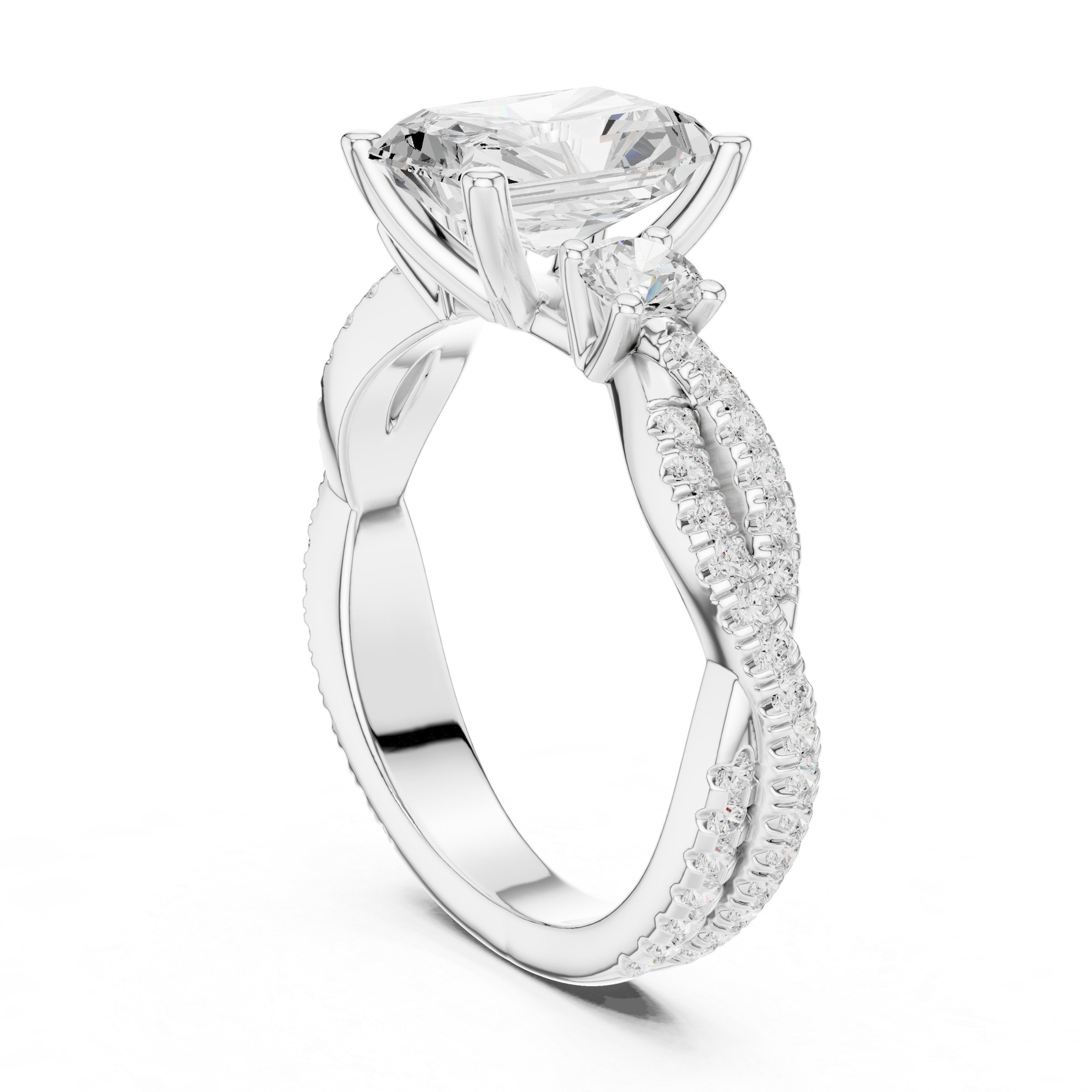 Radiant Cut Twisted Pavé Three Stone Engagement Ring with Round Side Diamonds