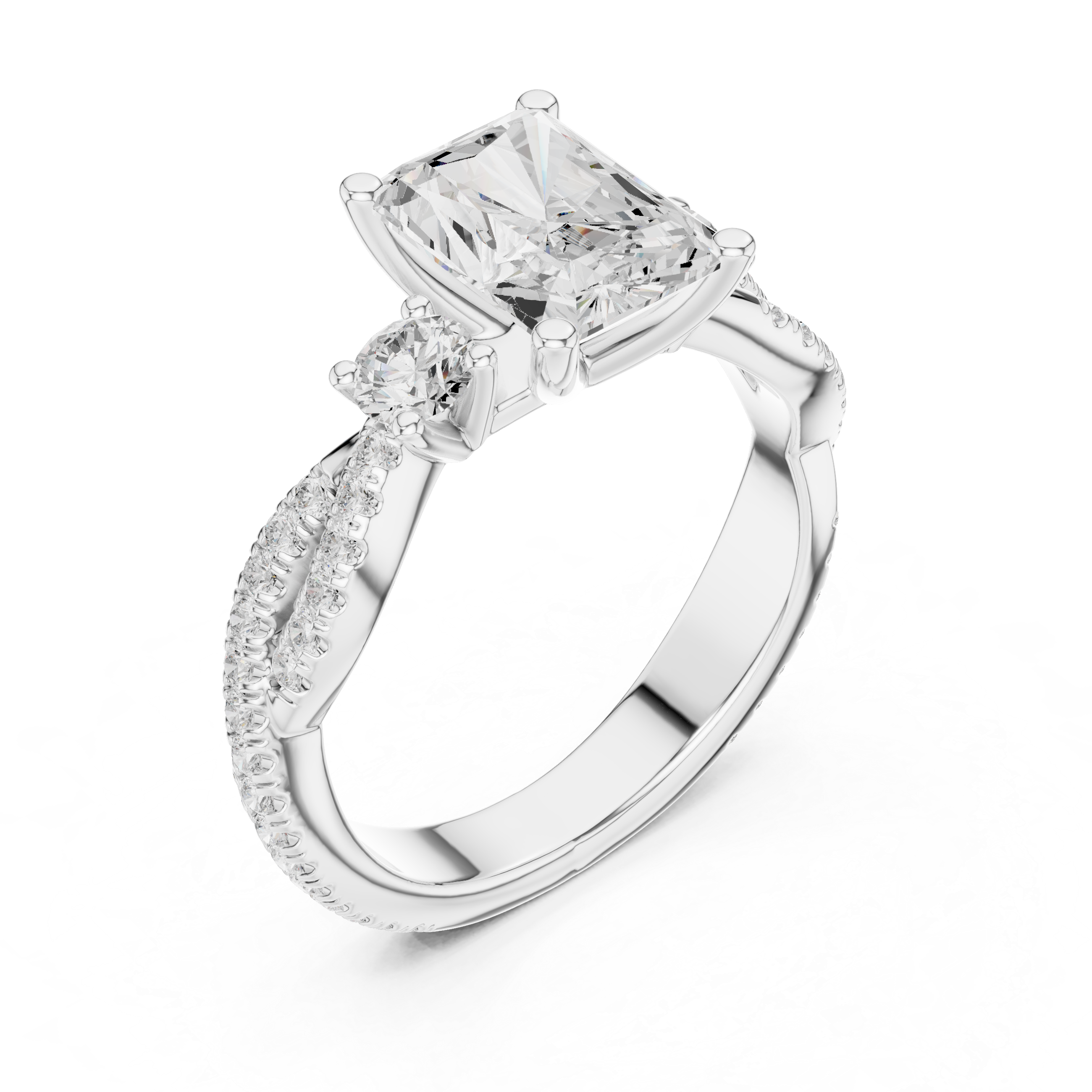 Radiant Cut Twisted Pavé Three Stone Engagement Ring with Round Side Diamonds