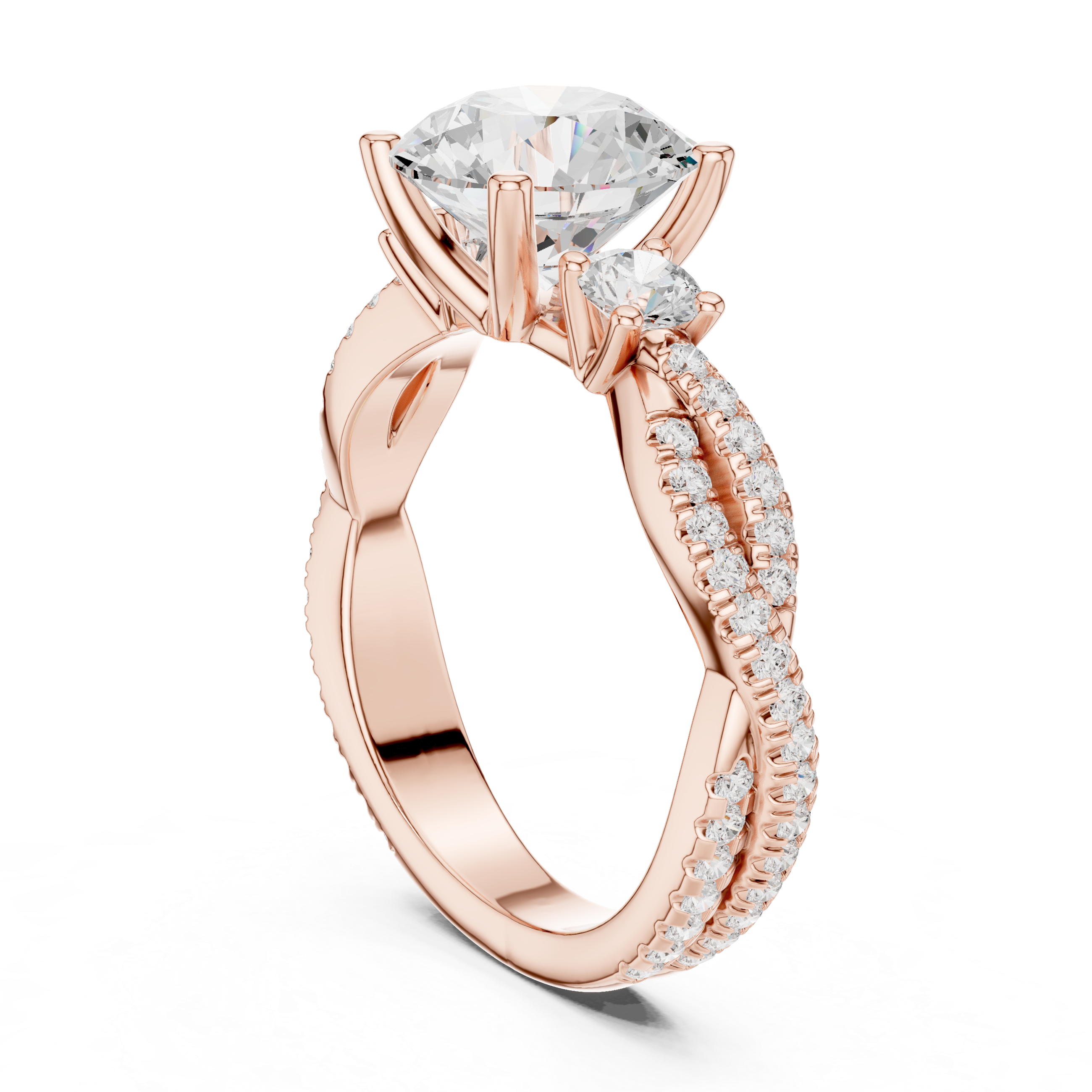 Twisted Pavé Three Stone Engagement Ring with Round Center Diamond and Side Accents