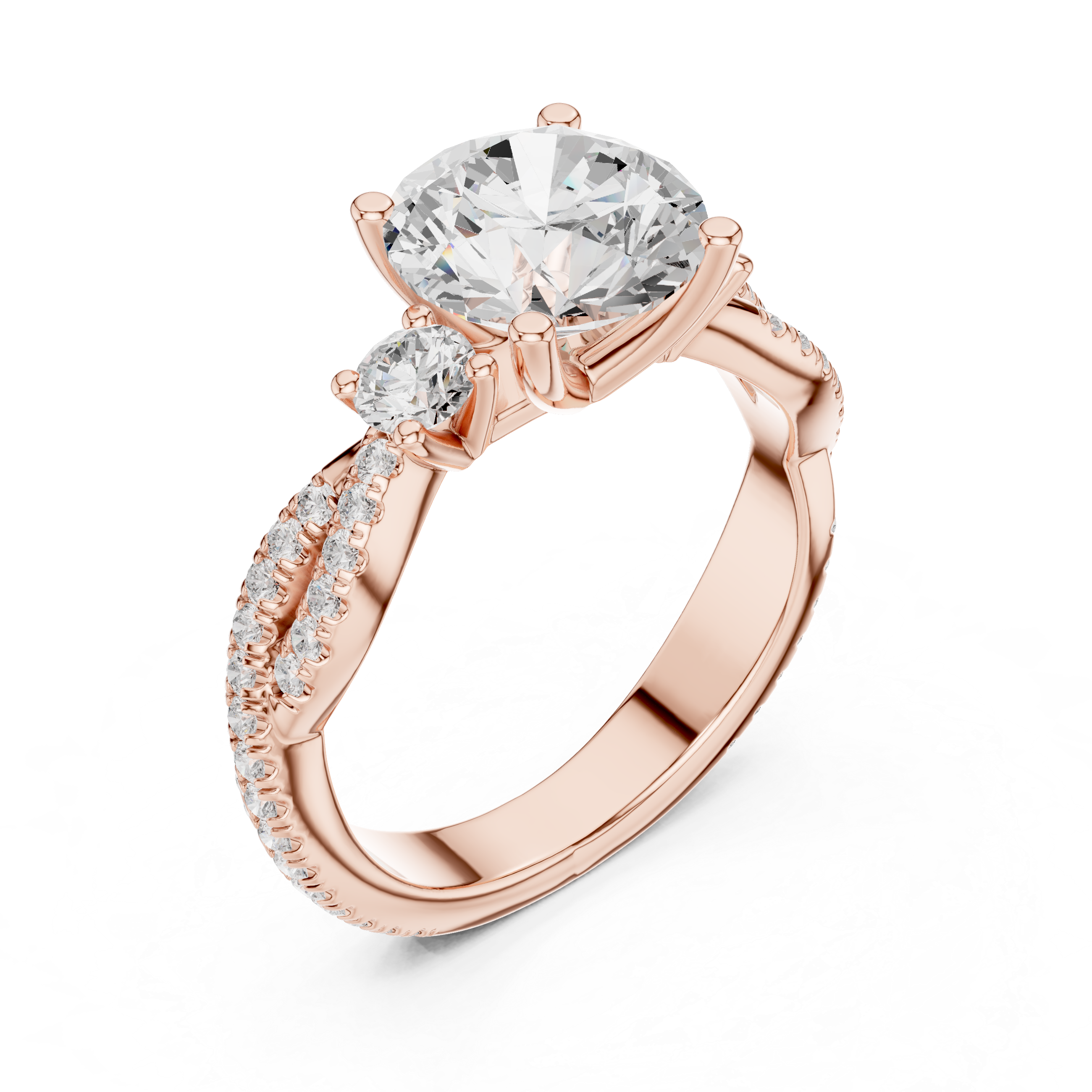 Twisted Pavé Three Stone Engagement Ring with Round Center Diamond and Side Accents