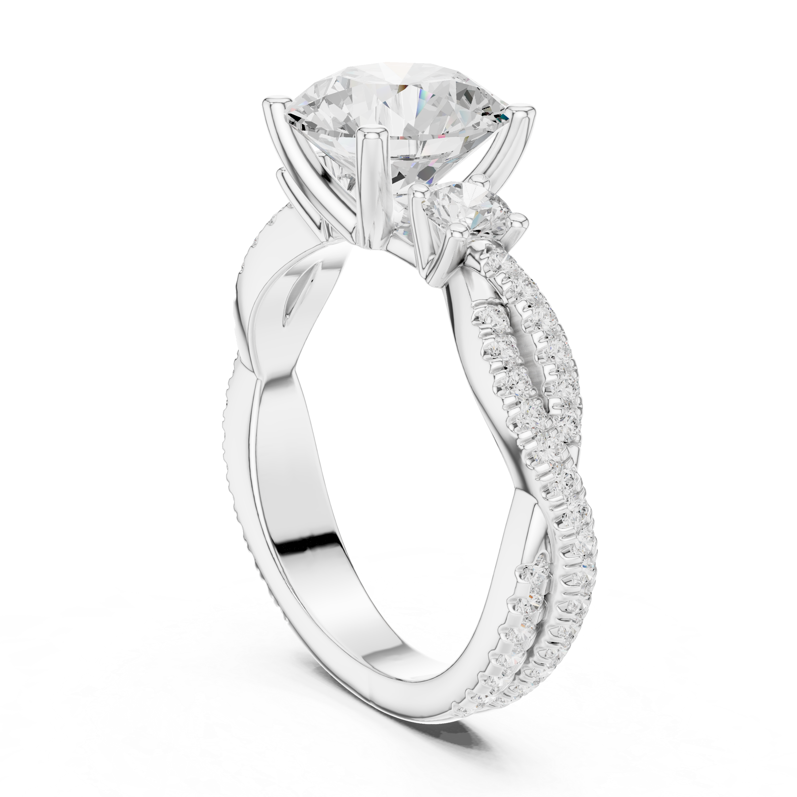 Twisted Pavé Three Stone Engagement Ring with Round Center Diamond and Side Accents