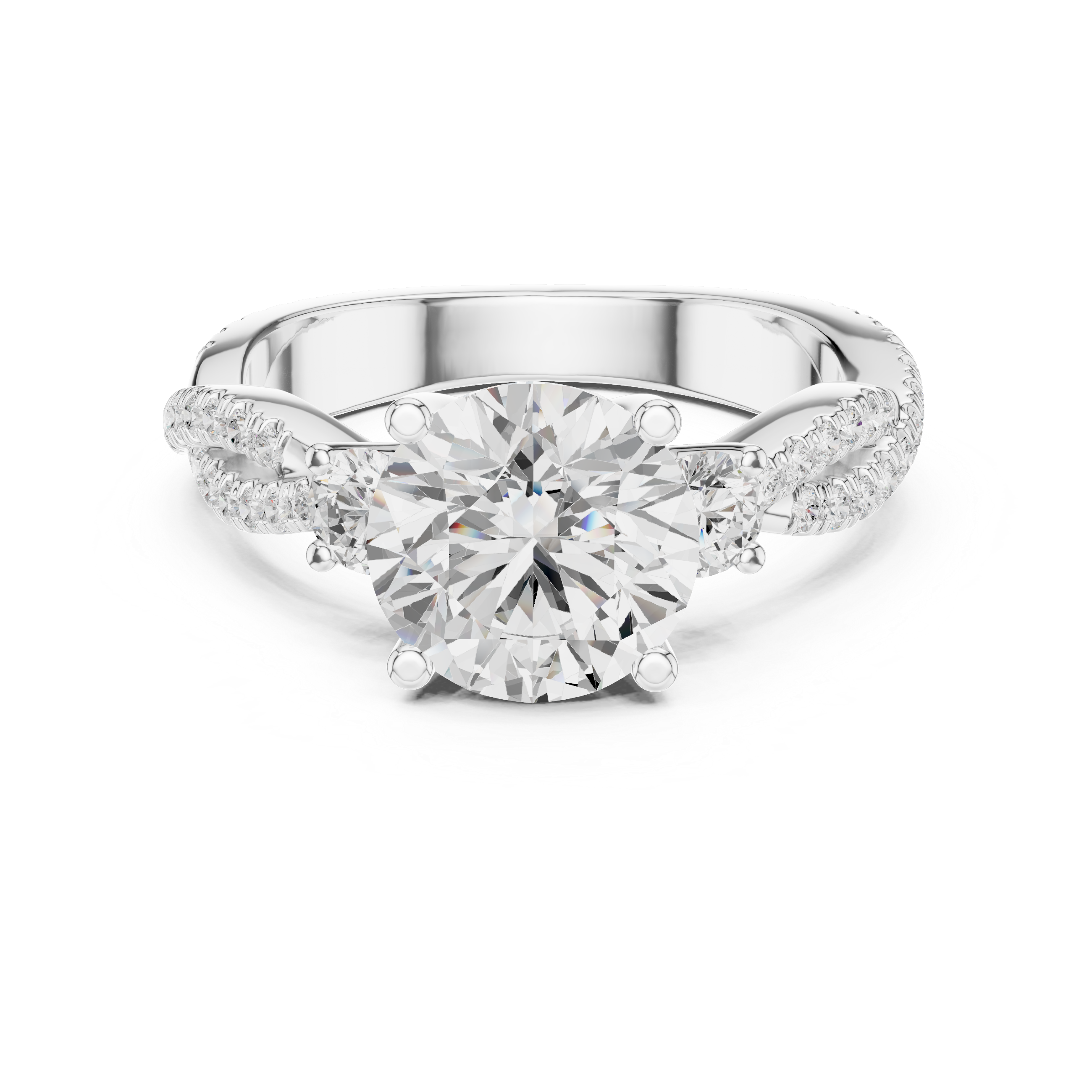 Twisted Pavé Three Stone Engagement Ring with Round Center Diamond and Side Accents