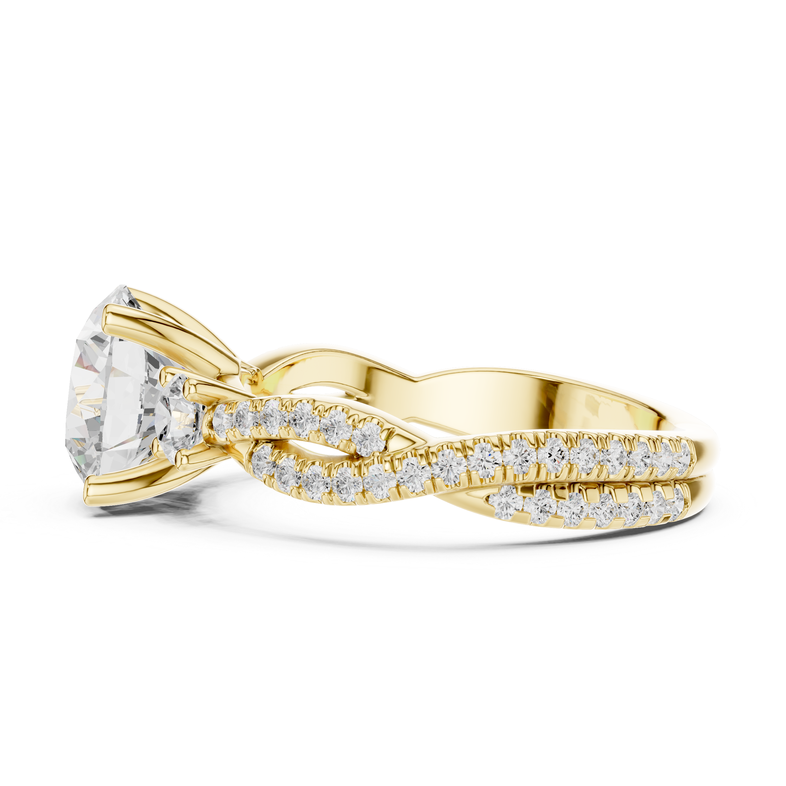Twisted Pavé Three Stone Engagement Ring with Round Center Diamond and Side Accents