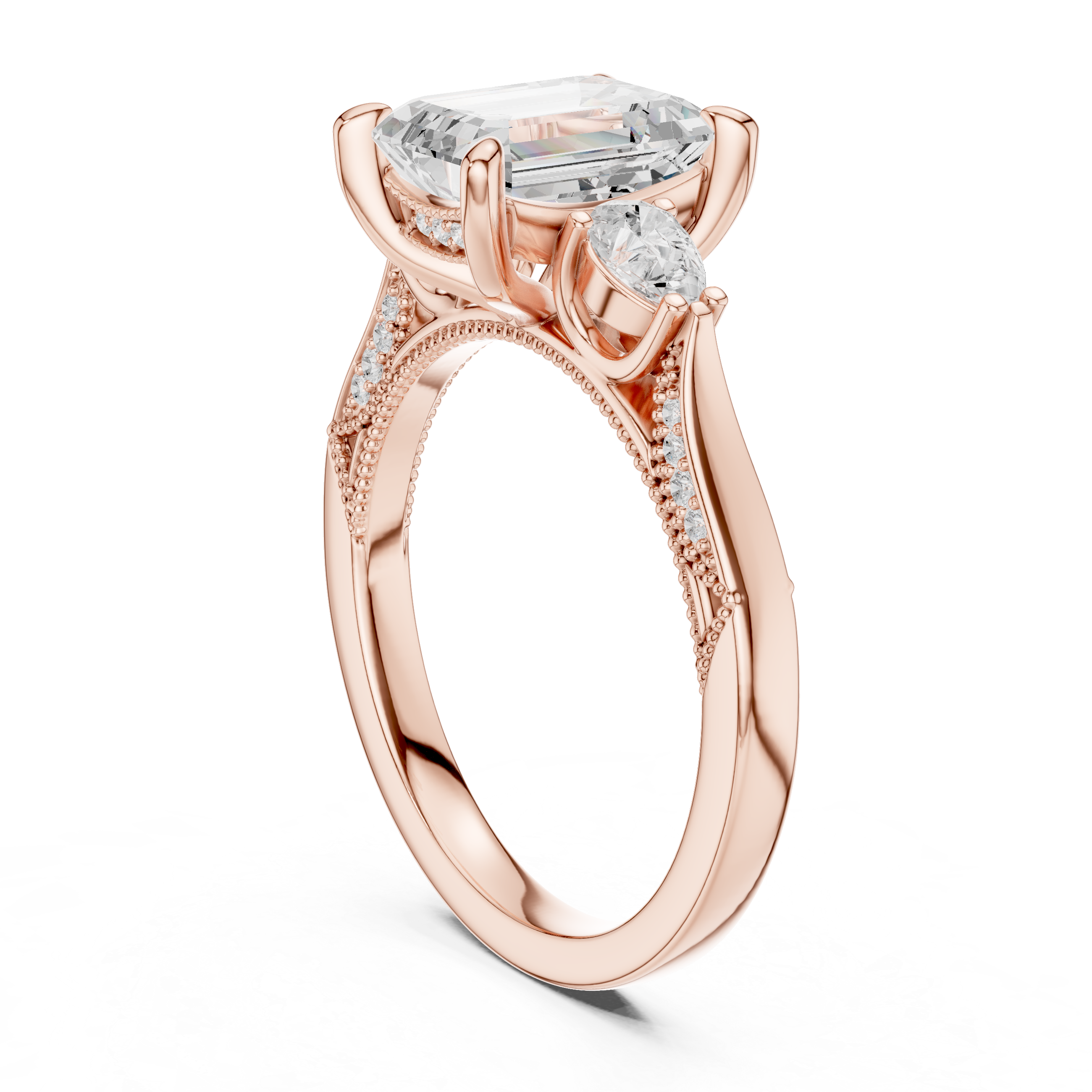 Emerald Cut Three Stone Engagement Ring with Pear Side Diamonds and Hidden Halo Accents