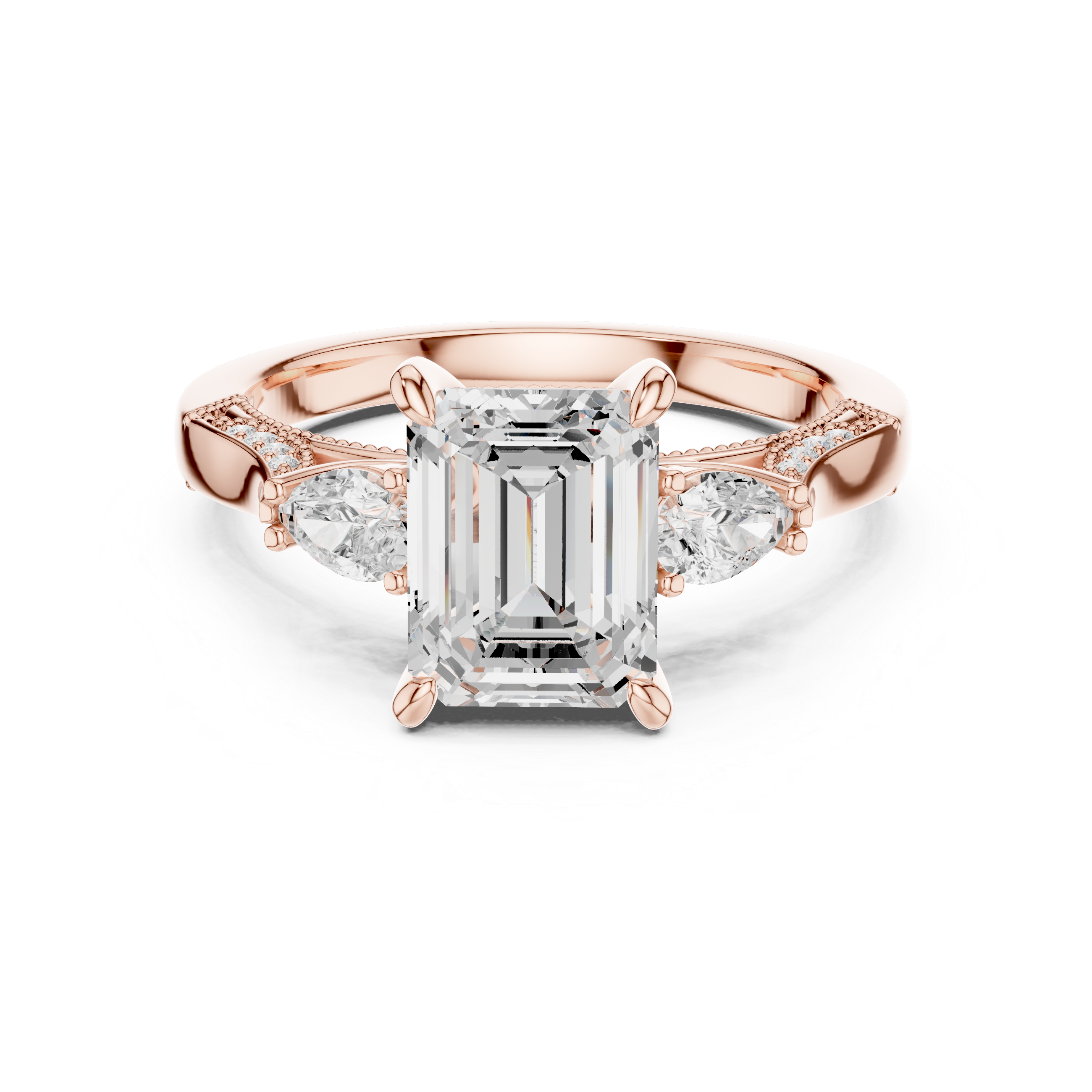 Emerald Cut Three Stone Engagement Ring with Pear Side Diamonds and Hidden Halo Accents