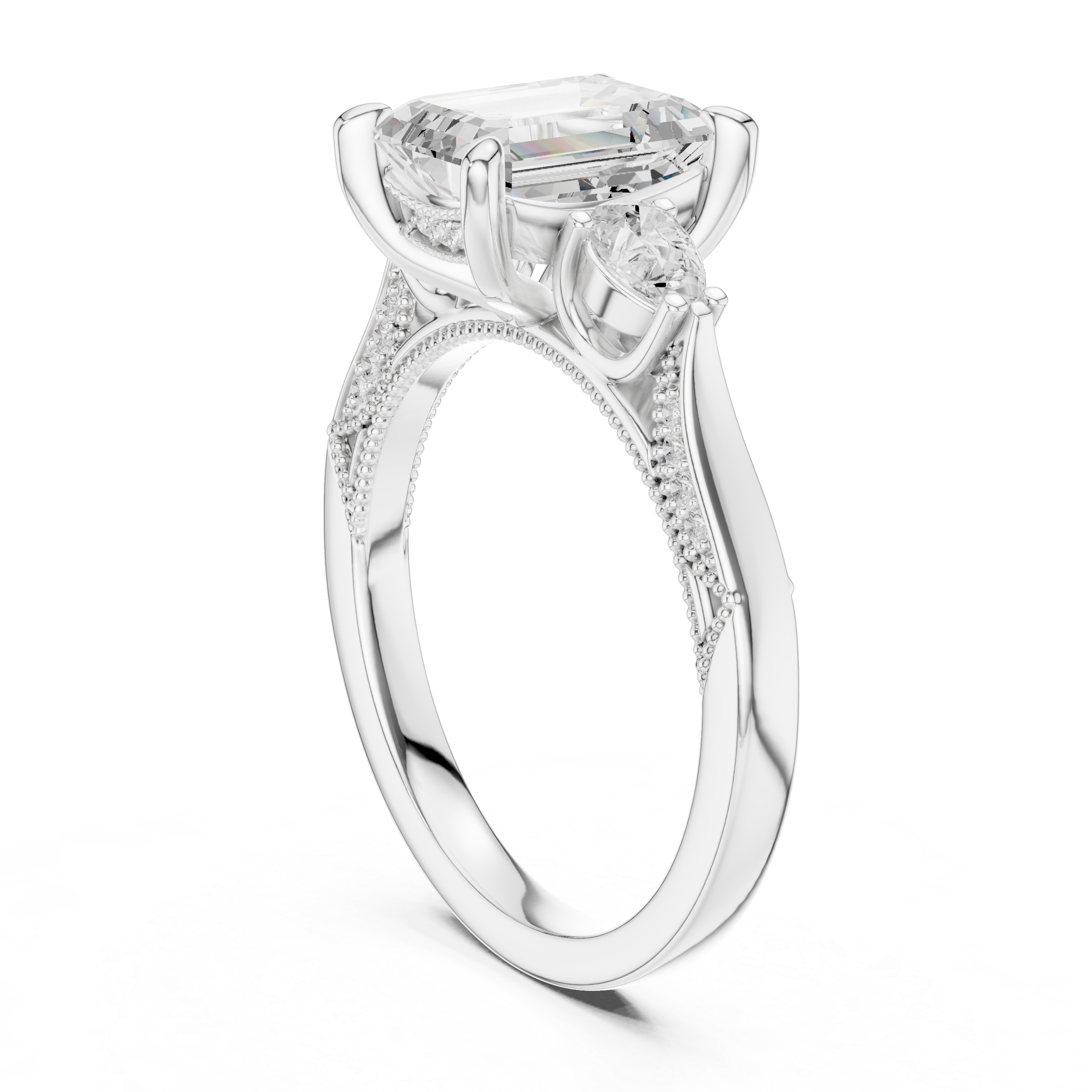 Emerald Cut Three Stone Engagement Ring with Pear Side Diamonds and Hidden Halo Accents