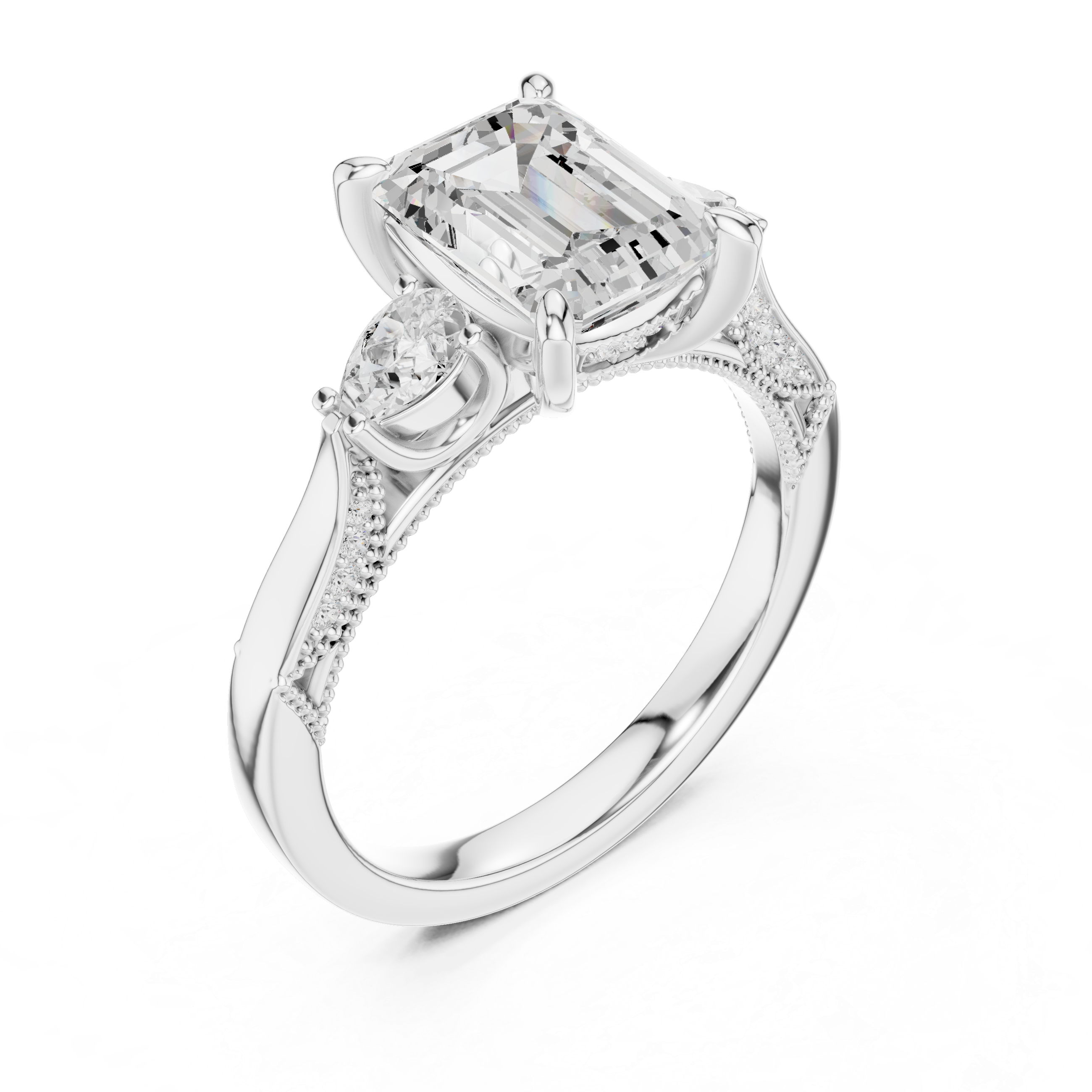Emerald Cut Three Stone Engagement Ring with Pear Side Diamonds and Hidden Halo Accents