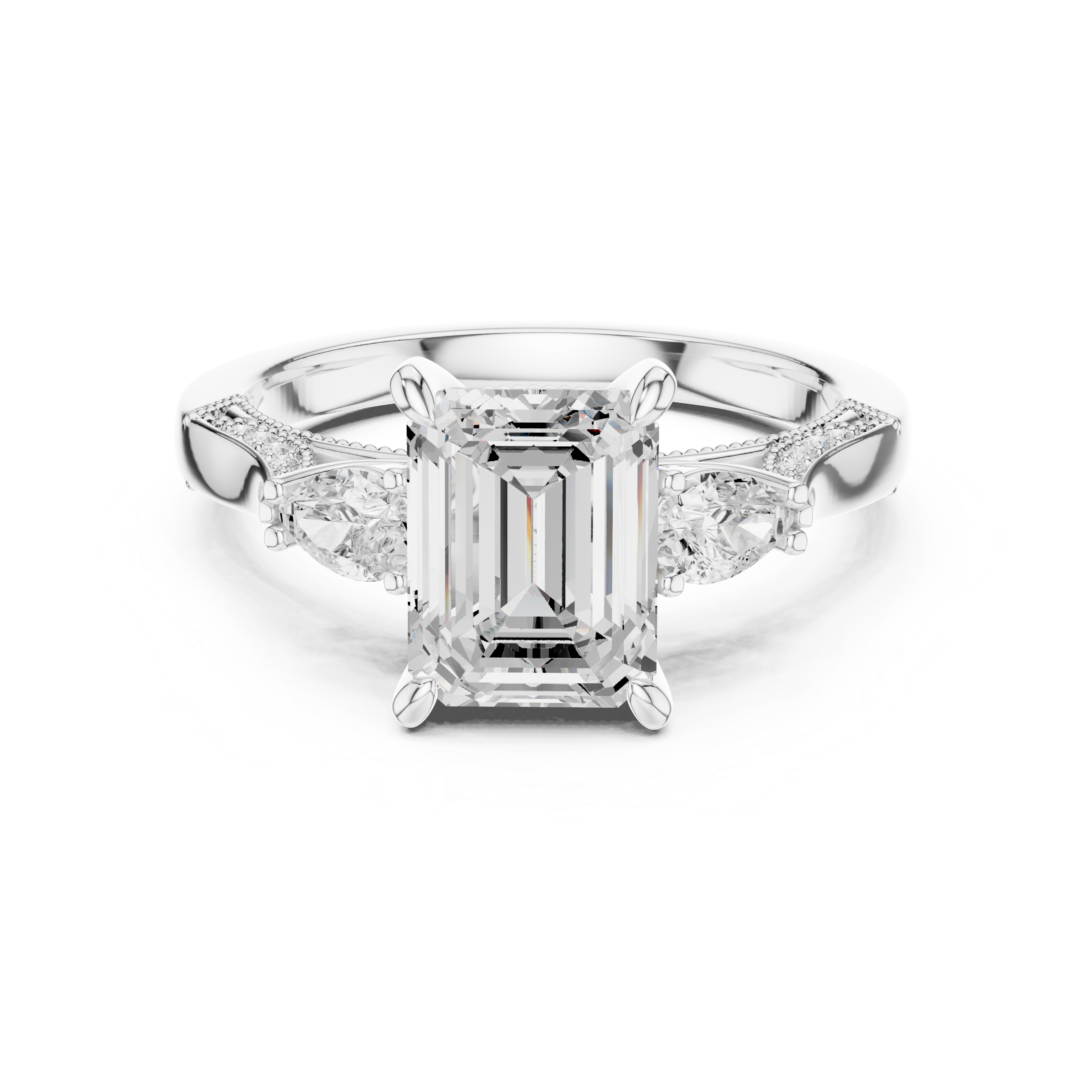 Emerald Cut Three Stone Engagement Ring with Pear Side Diamonds and Hidden Halo Accents