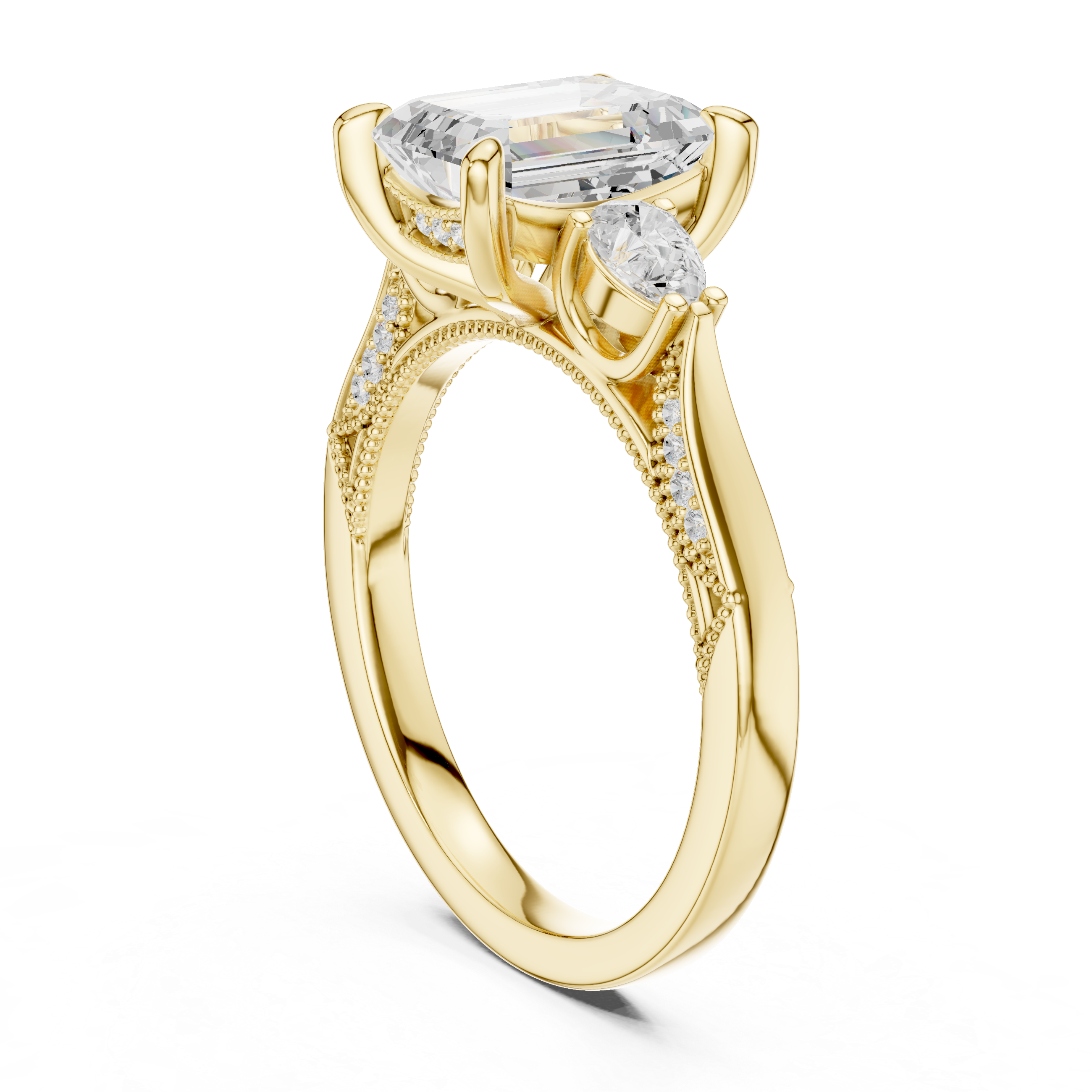 Emerald Cut Three Stone Engagement Ring with Pear Side Diamonds and Hidden Halo Accents