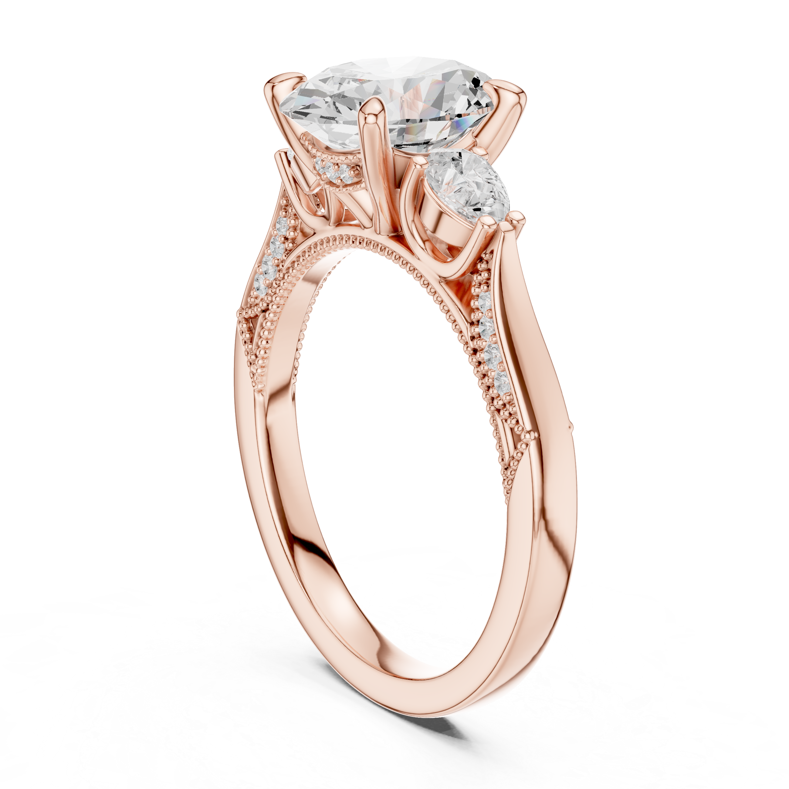 Oval Cut Three Stone Engagement Ring with Pear Side Diamonds and Hidden Halo Gallery
