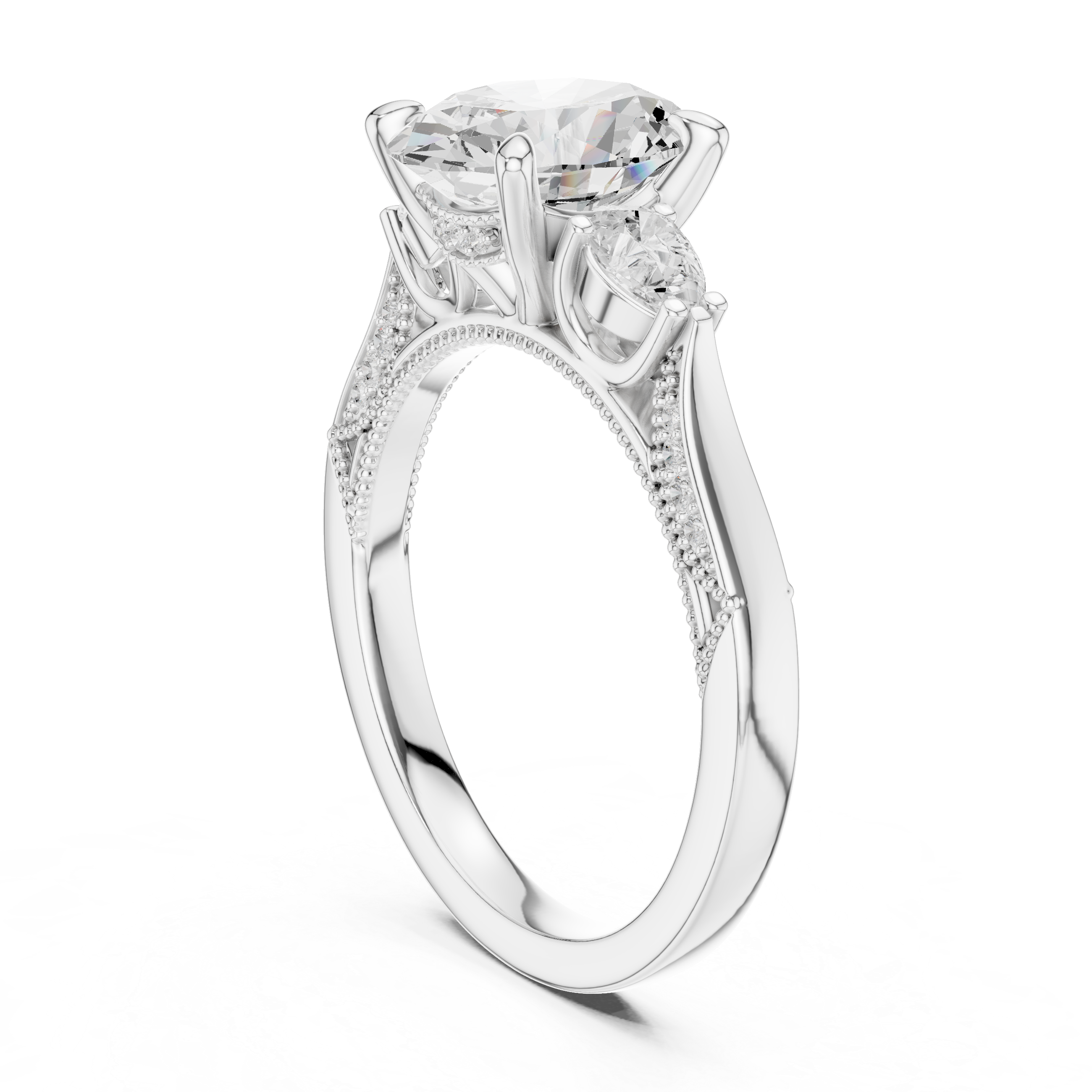 Oval Cut Three Stone Engagement Ring with Pear Side Diamonds and Hidden Halo Gallery