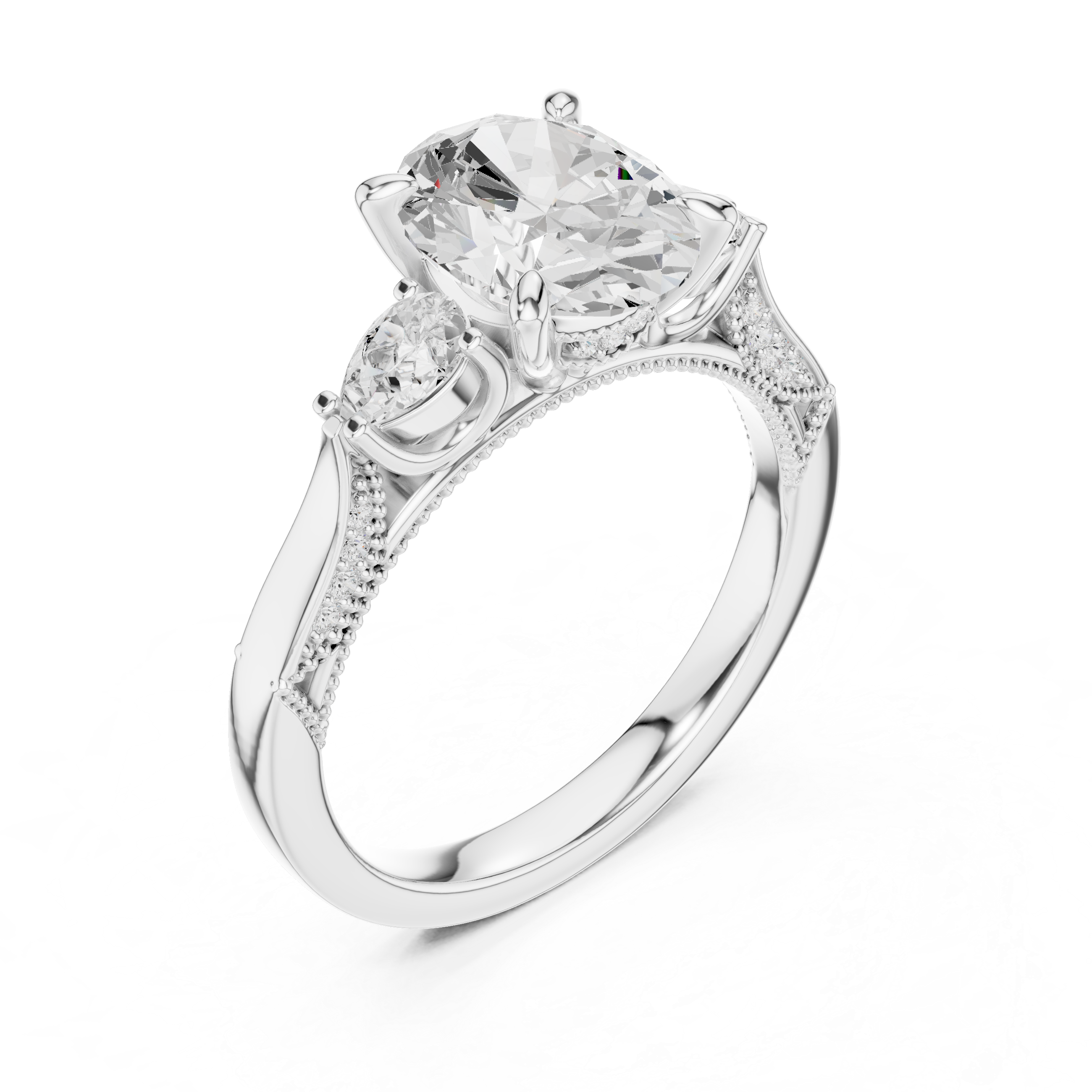 Oval Cut Three Stone Engagement Ring with Pear Side Diamonds and Hidden Halo Gallery