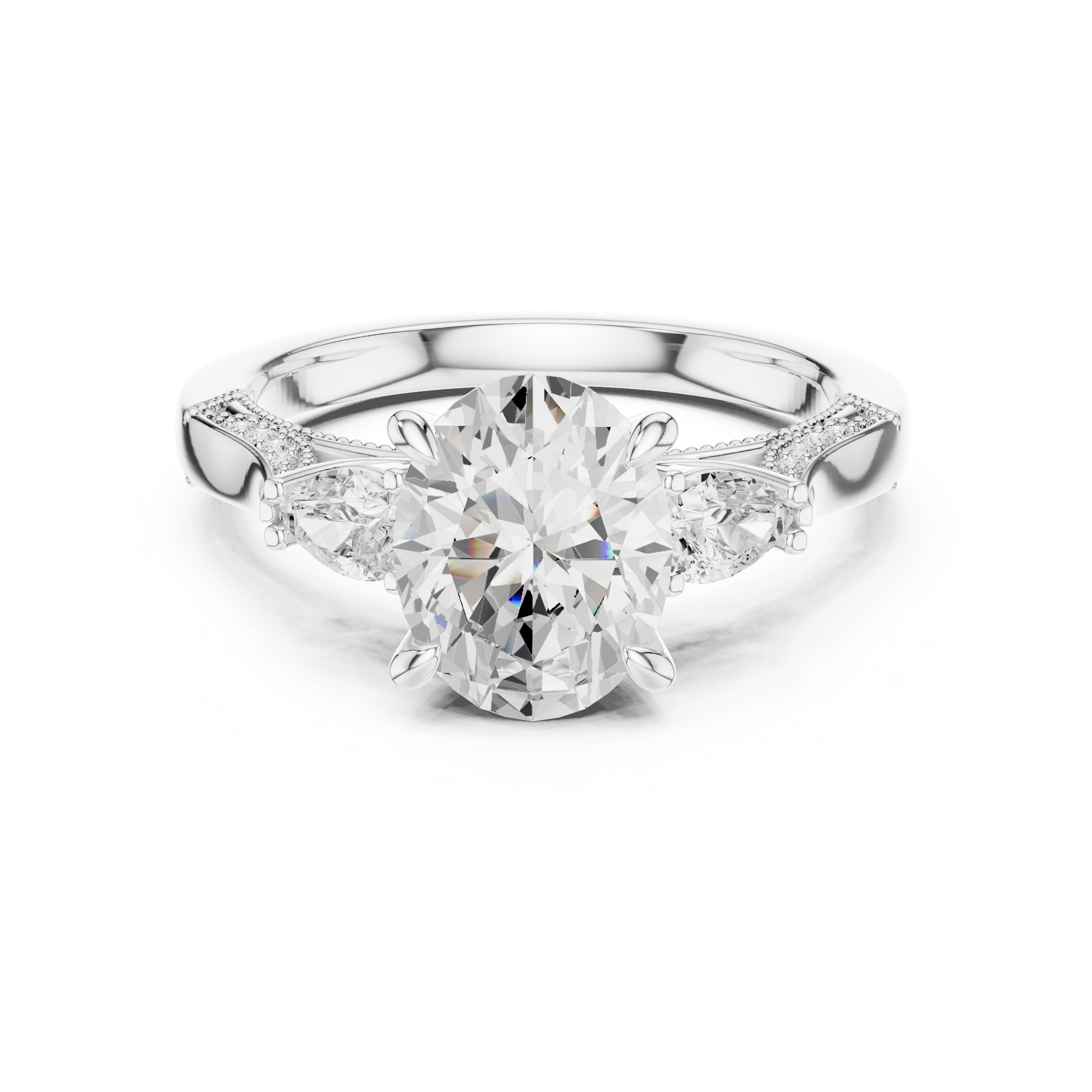 Oval Cut Three Stone Engagement Ring with Pear Side Diamonds and Hidden Halo Gallery