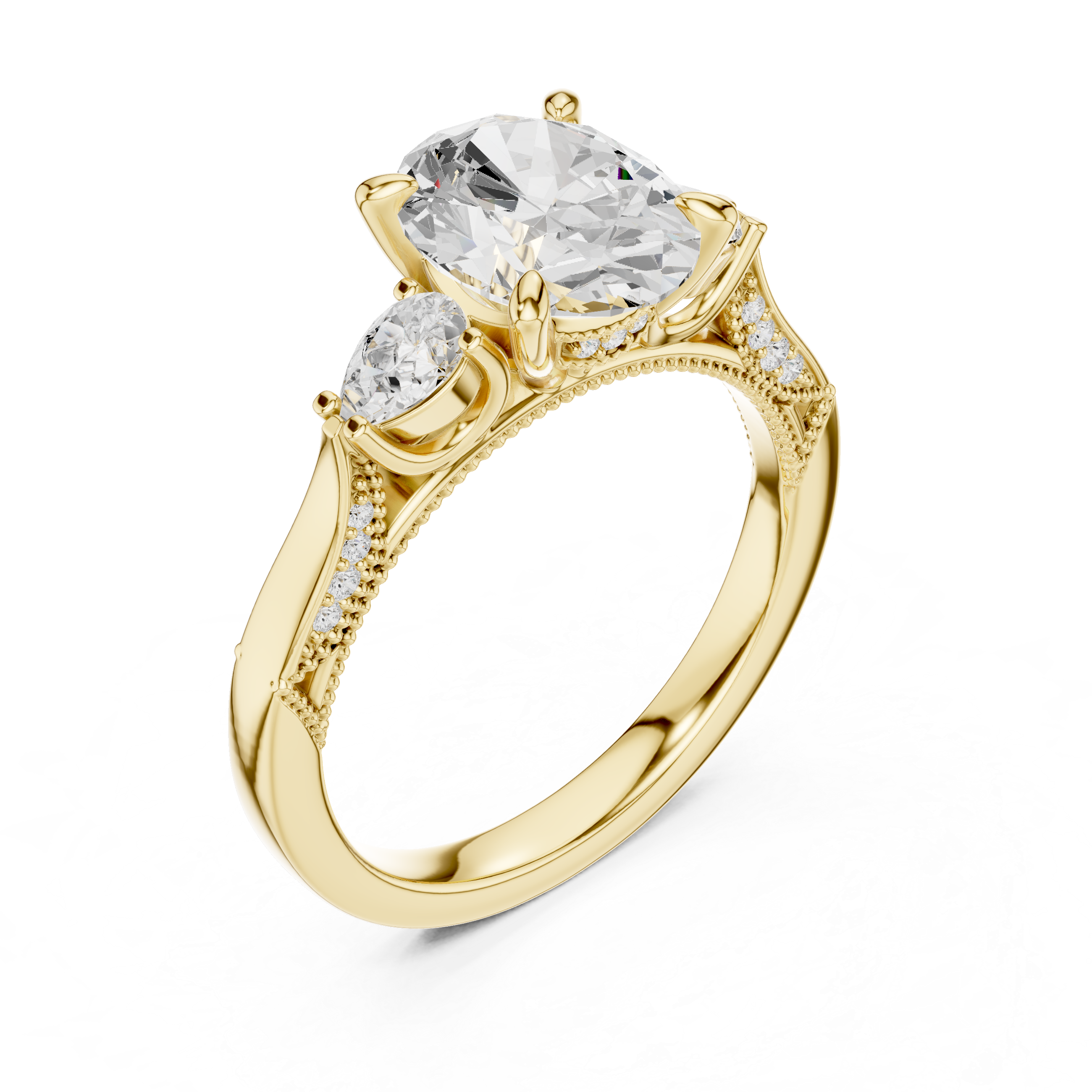 Oval Cut Three Stone Engagement Ring with Pear Side Diamonds and Hidden Halo Gallery