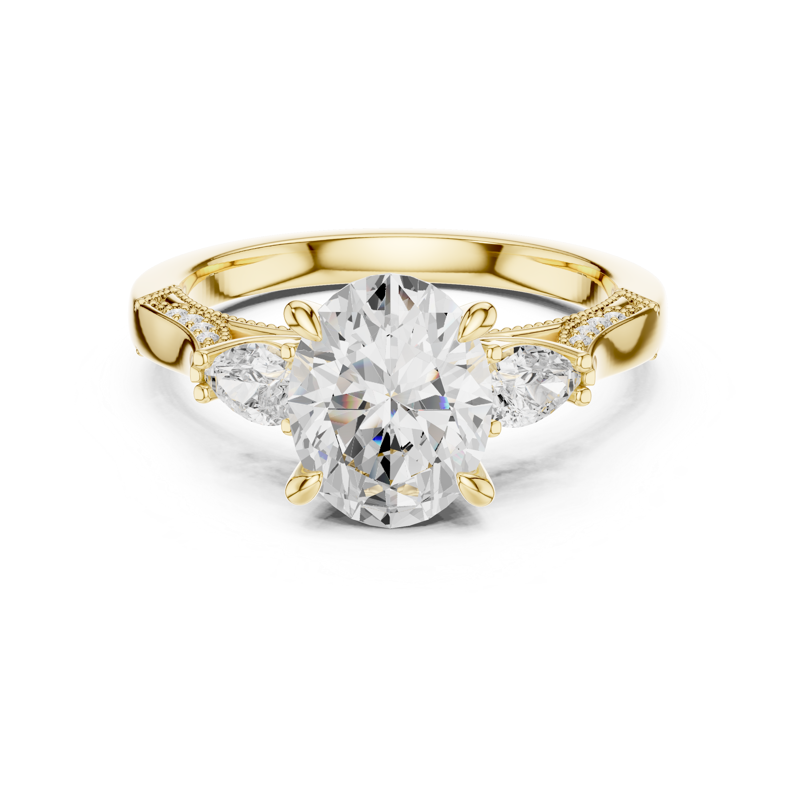 Oval Cut Three Stone Engagement Ring with Pear Side Diamonds and Hidden Halo Gallery