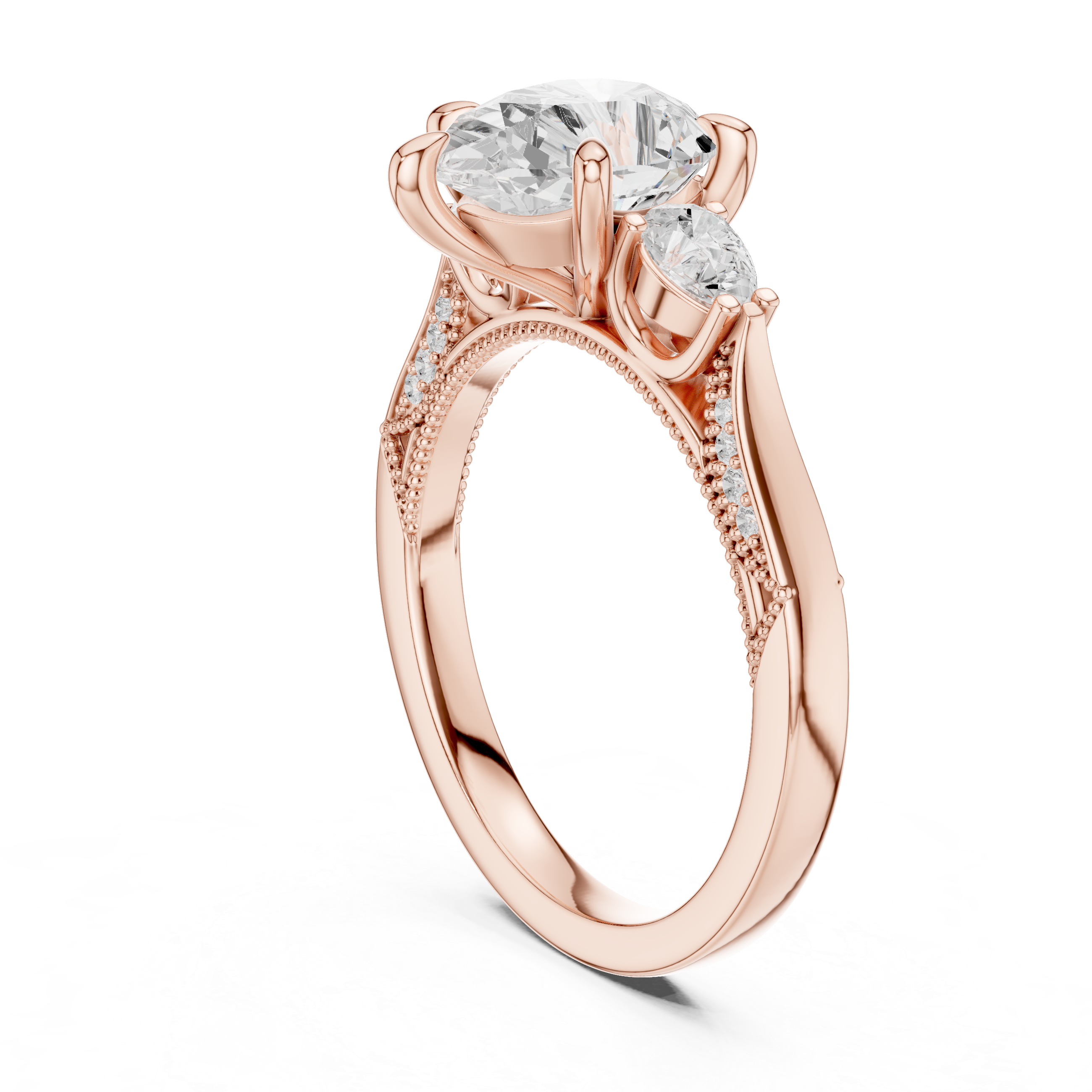 Heart Cut Three Stone Engagement Ring with Pear Side Diamonds and Hidden Halo Accents