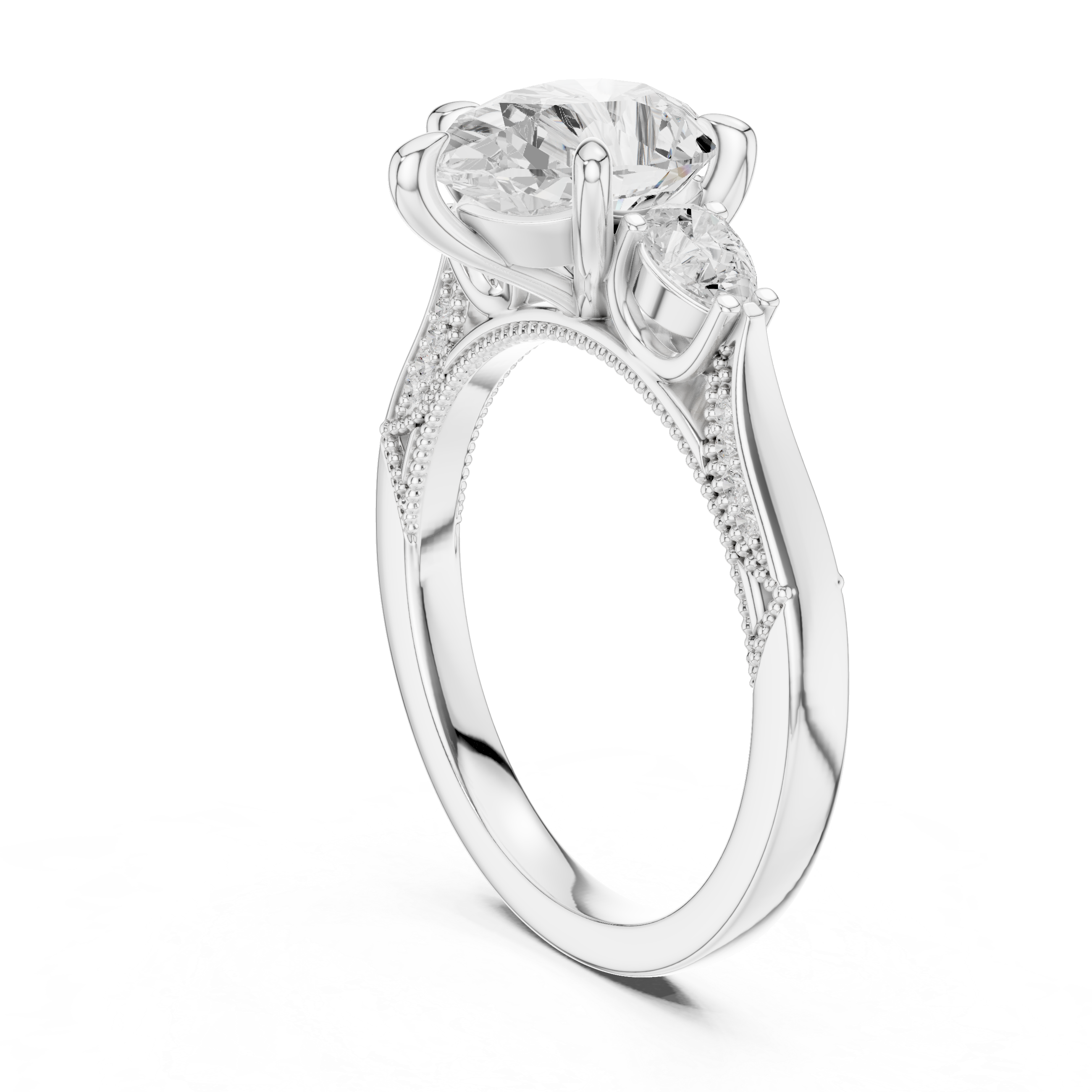 Heart Cut Three Stone Engagement Ring with Pear Side Diamonds and Hidden Halo Accents