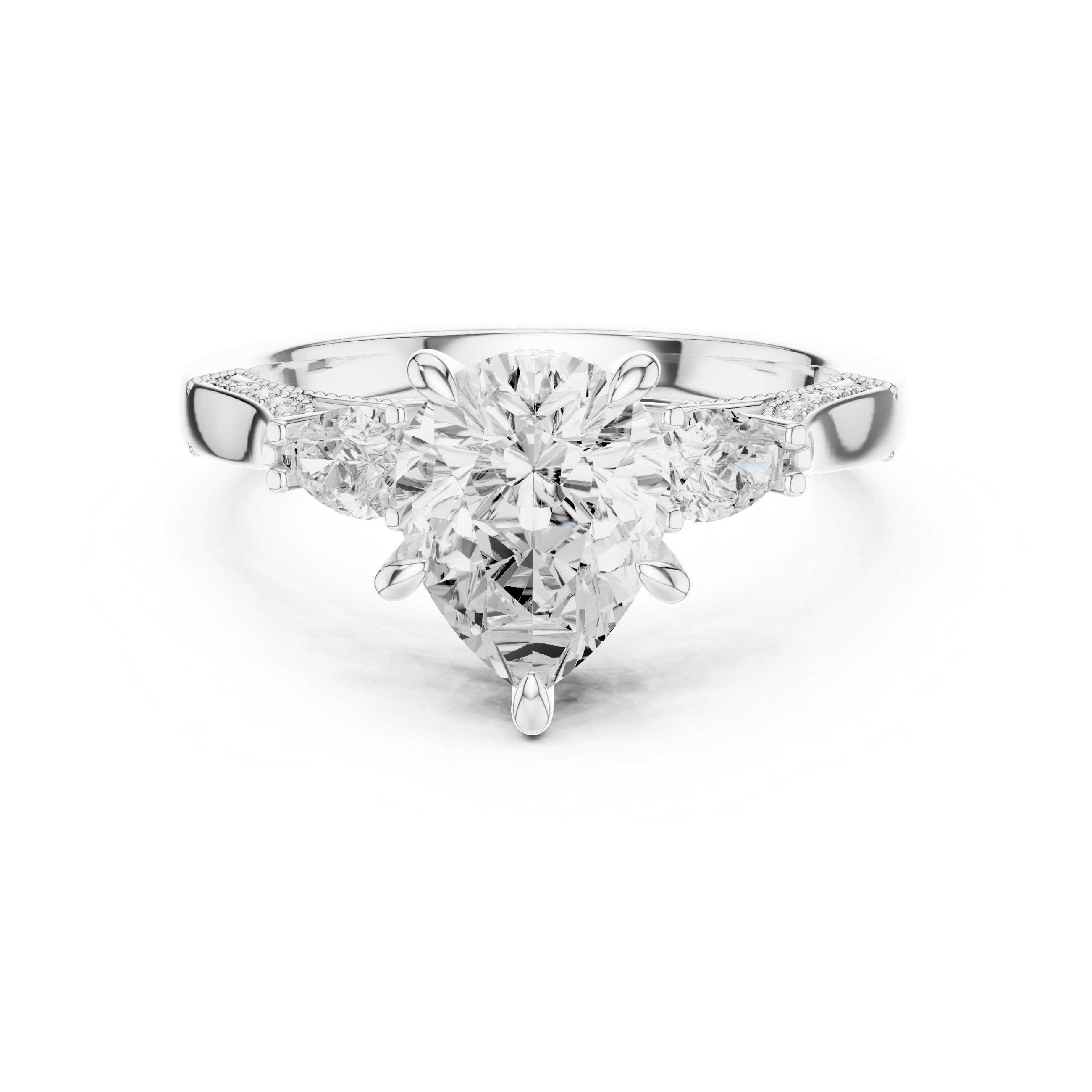 Heart Cut Three Stone Engagement Ring with Pear Side Diamonds and Hidden Halo Accents