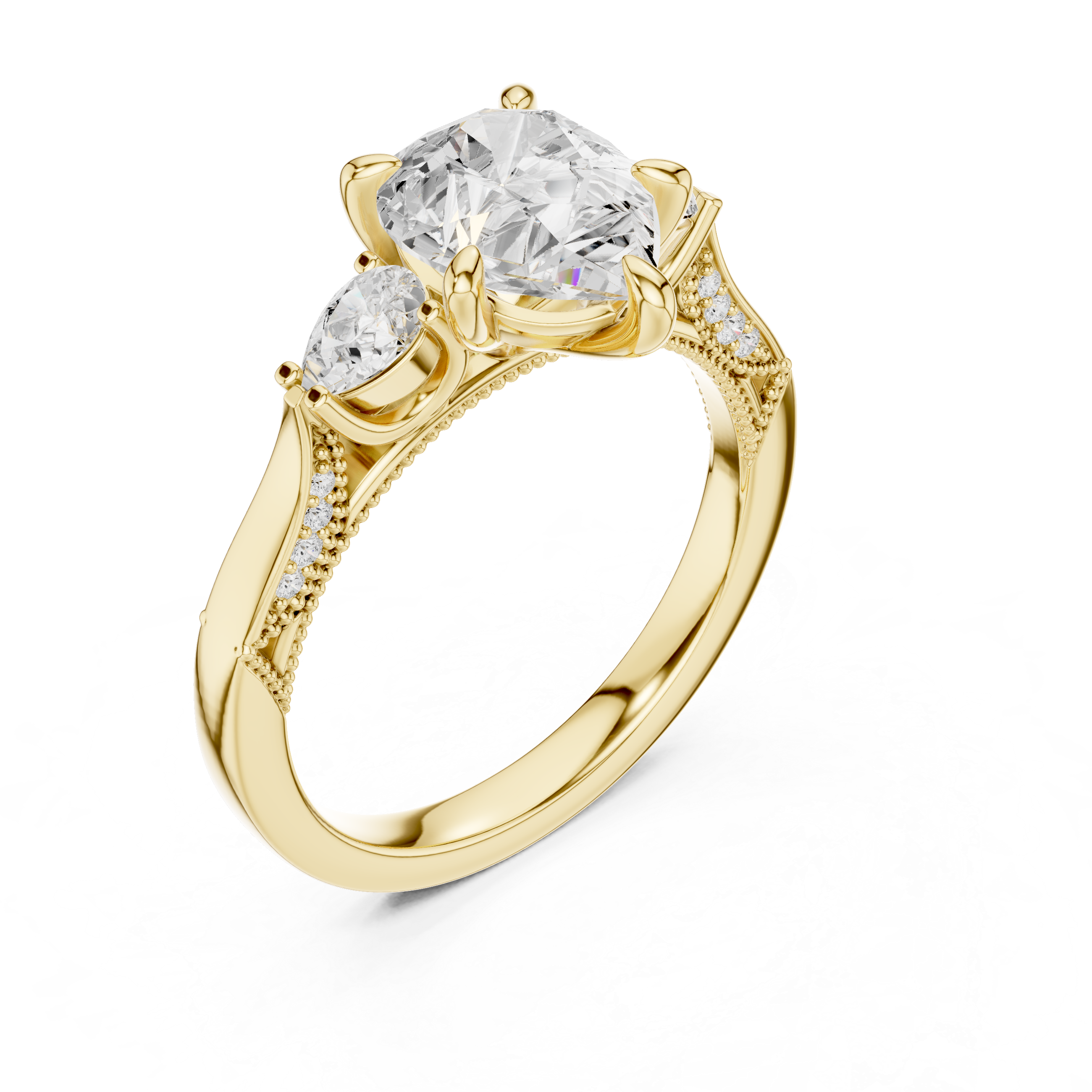 Heart Cut Three Stone Engagement Ring with Pear Side Diamonds and Hidden Halo Accents