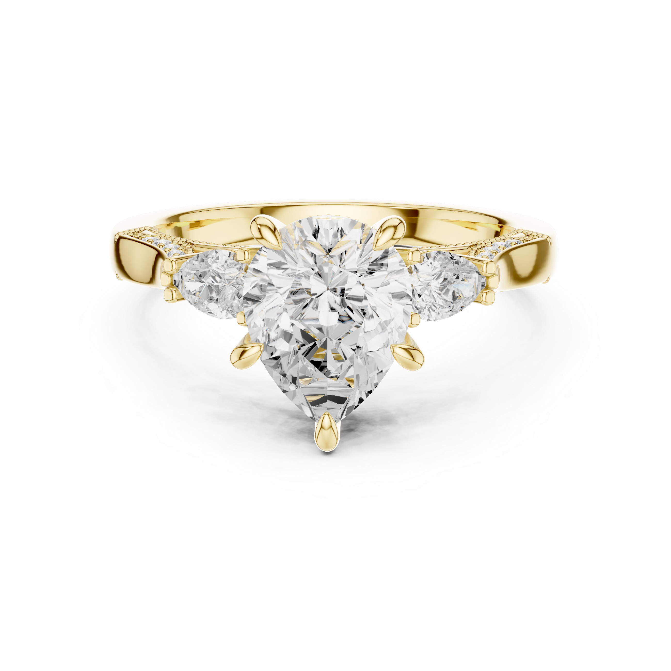 Heart Cut Three Stone Engagement Ring with Pear Side Diamonds and Hidden Halo Accents