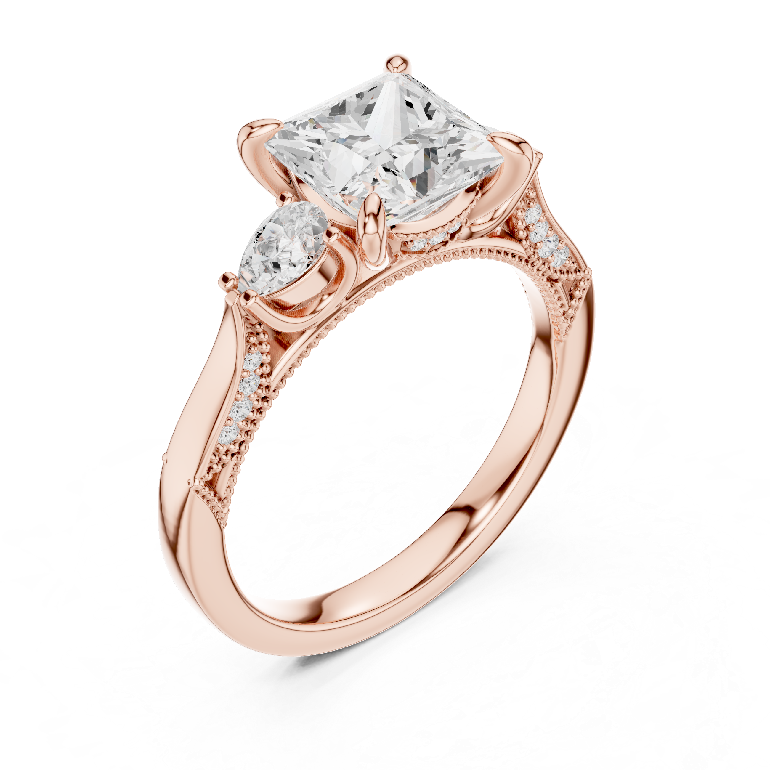 Princess Cut Three Stone Engagement Ring with Pear Side Diamonds and Hidden Halo Gallery