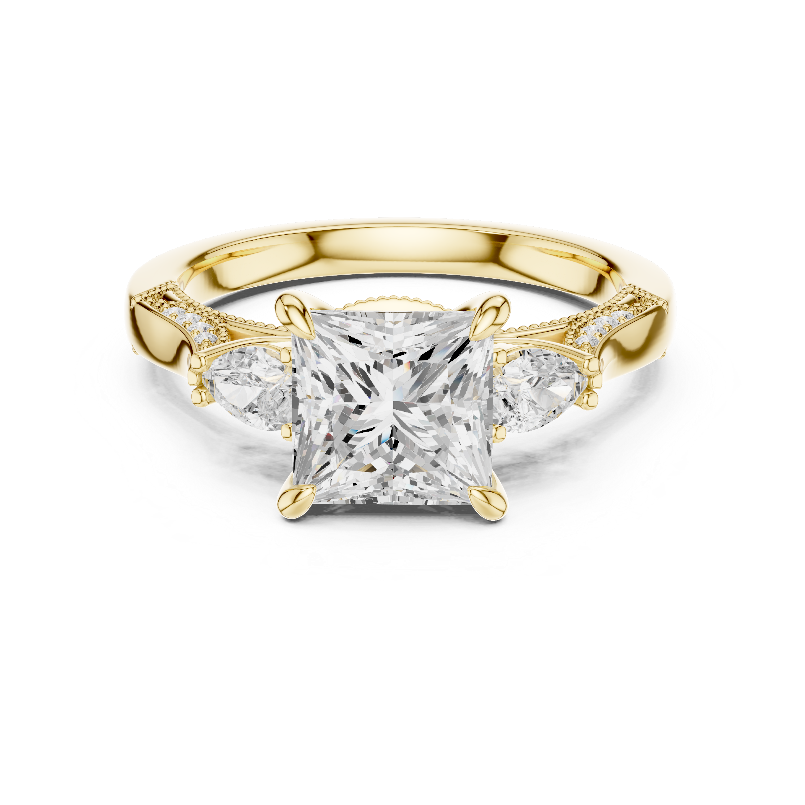 Princess Cut Three Stone Engagement Ring with Pear Side Diamonds and Hidden Halo Gallery