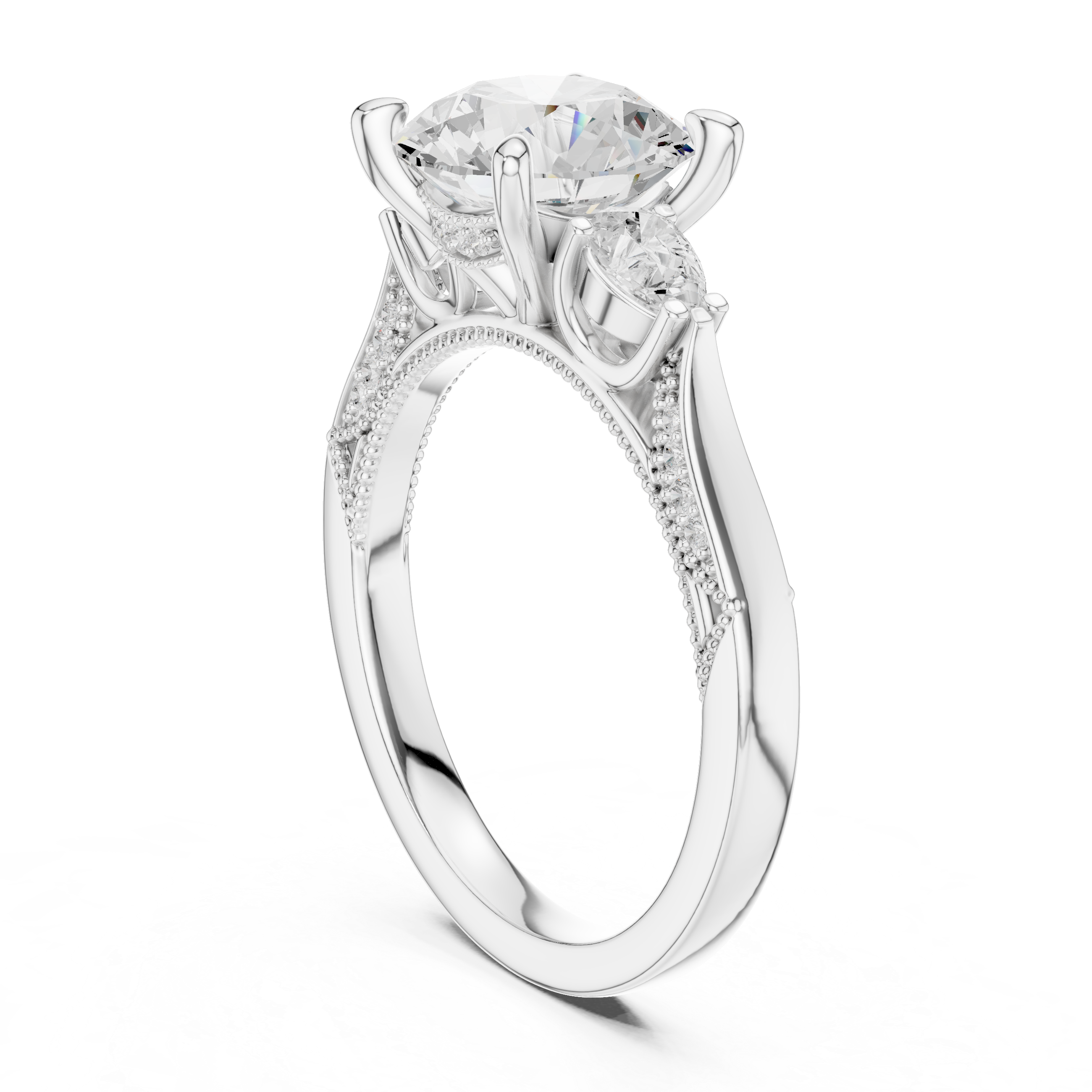 Round Brilliant Three Stone Engagement Ring with Pear Side Diamonds and Hidden Halo Detail