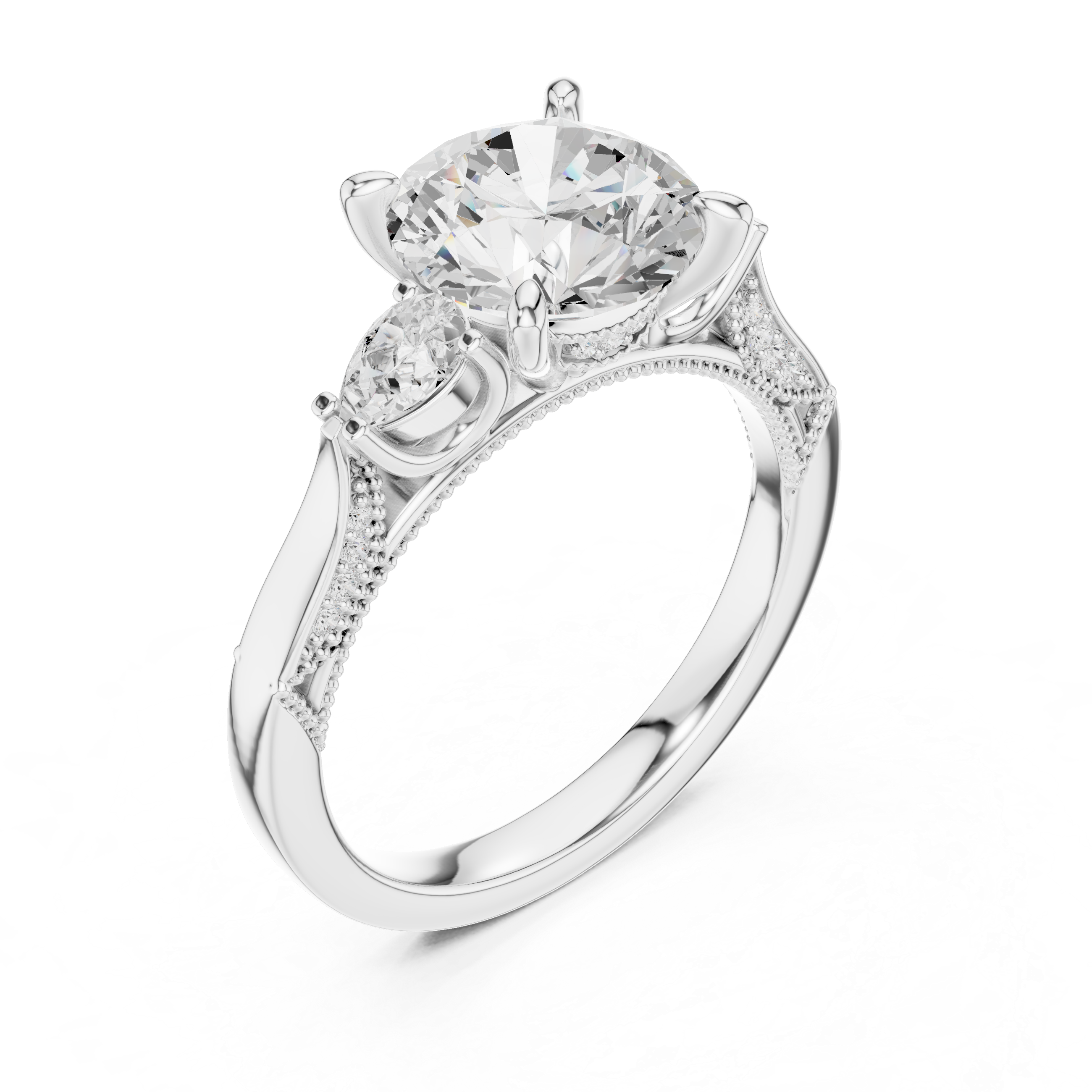 Round Brilliant Three Stone Engagement Ring with Pear Side Diamonds and Hidden Halo Detail