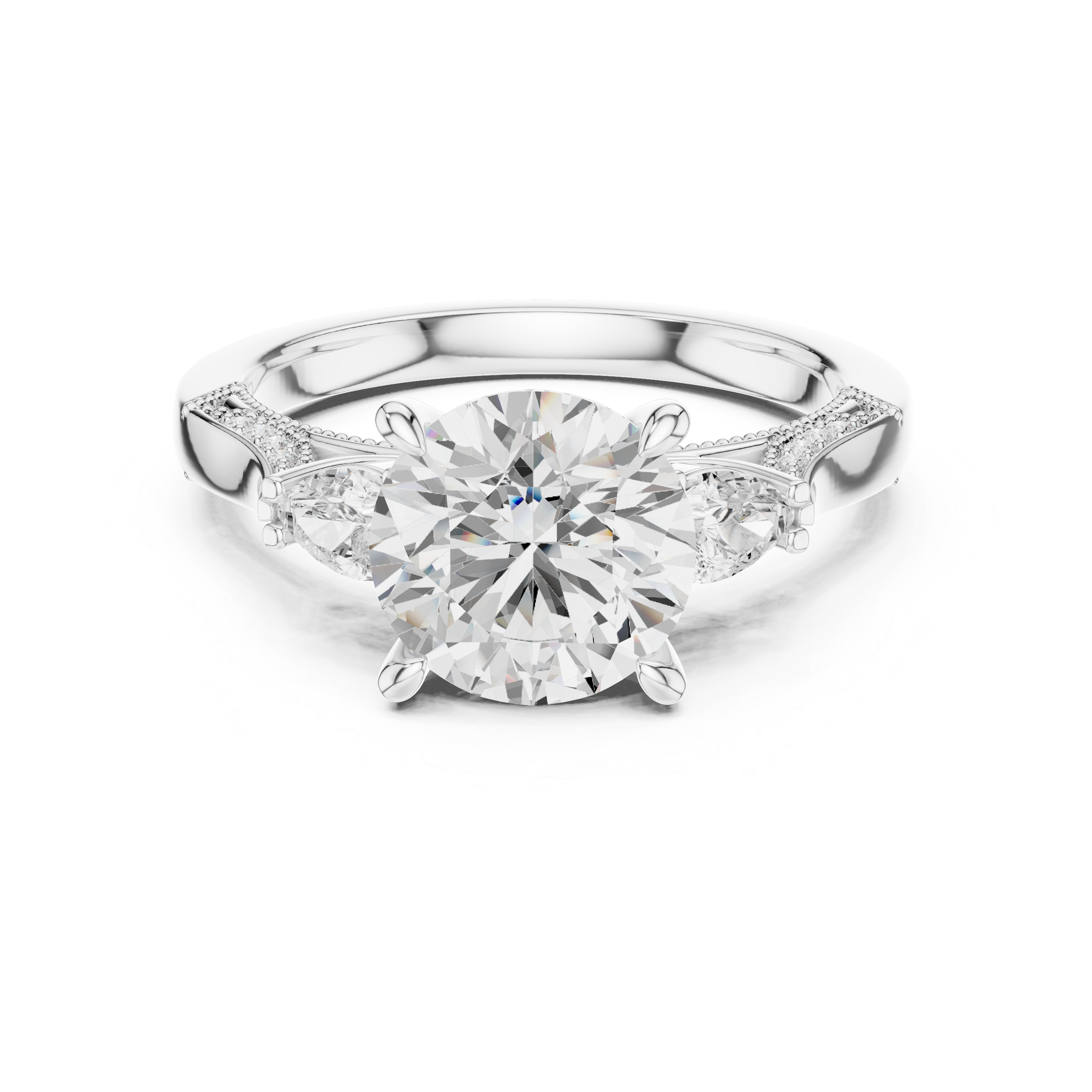 Round Brilliant Three Stone Engagement Ring with Pear Side Diamonds and Hidden Halo Detail