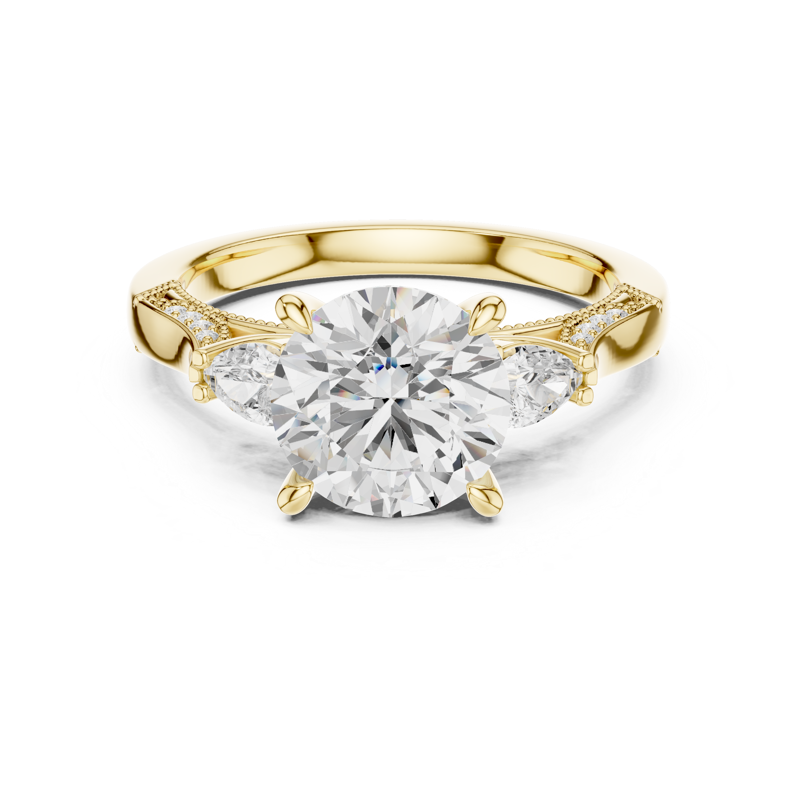Round Brilliant Three Stone Engagement Ring with Pear Side Diamonds and Hidden Halo Detail