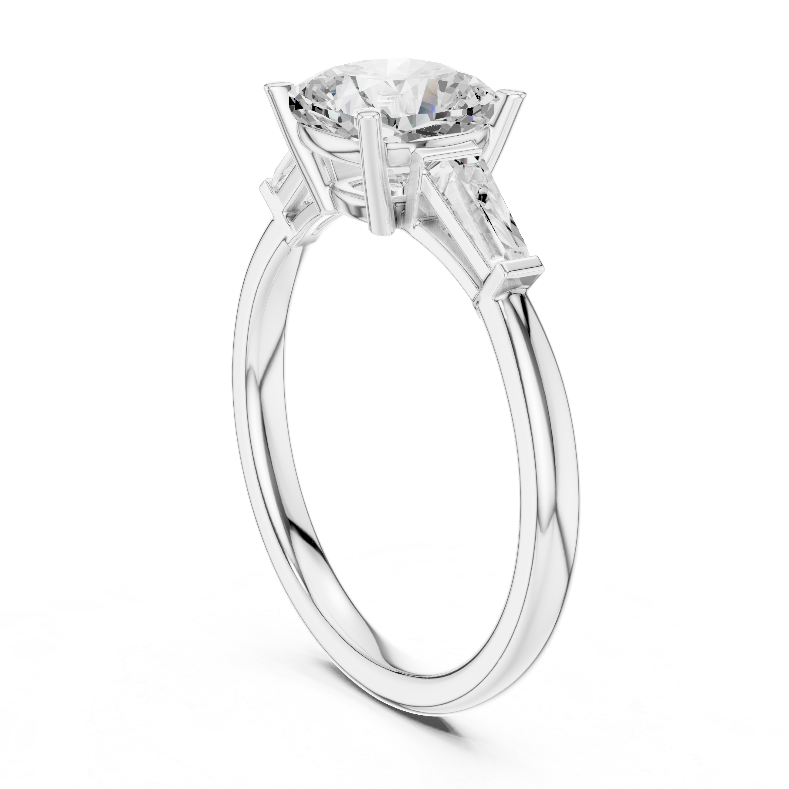 Cushion Cut Three Stone Engagement Ring with Tapered Baguette Side Stones – Classic Solitaire Style