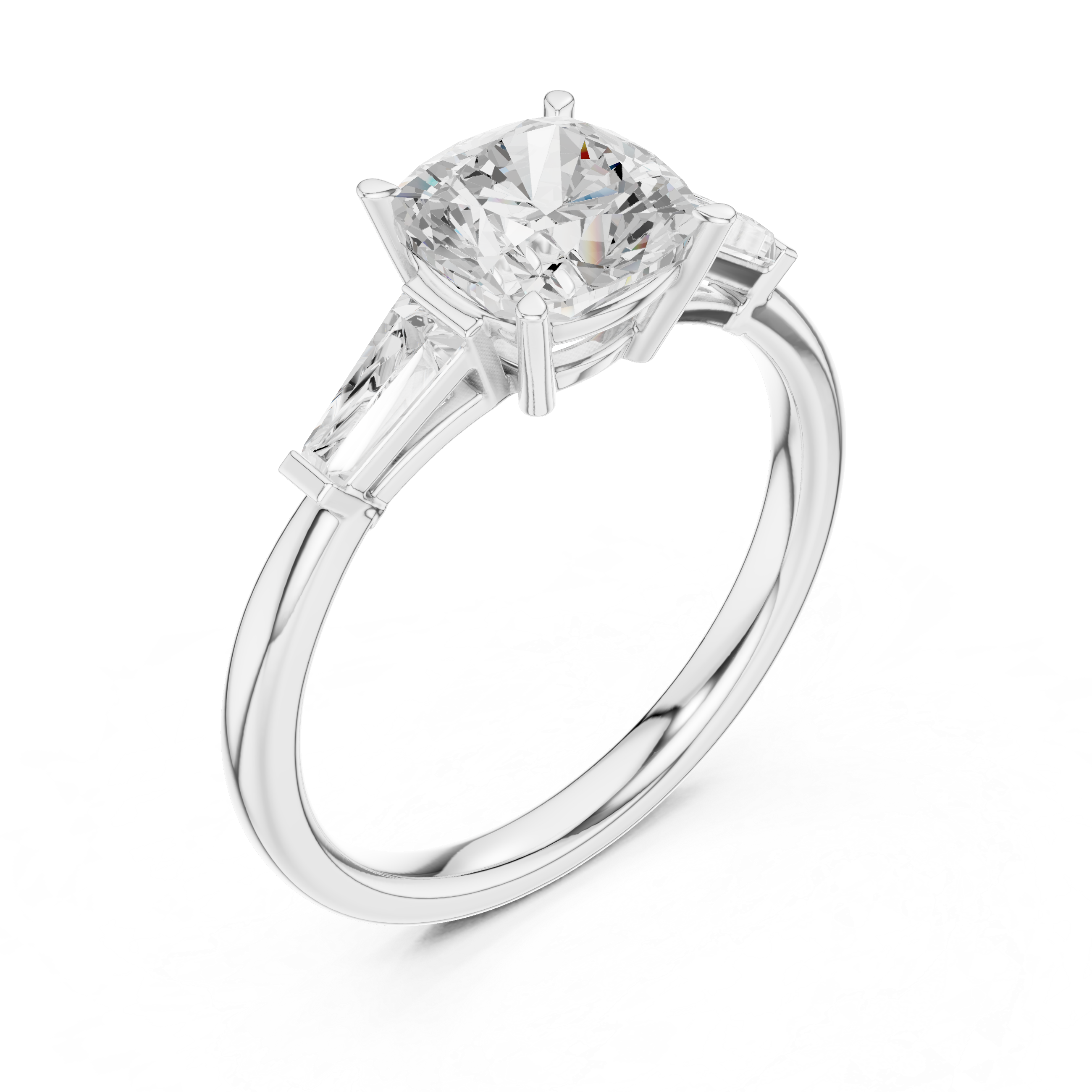Cushion Cut Three Stone Engagement Ring with Tapered Baguette Side Stones – Classic Solitaire Style