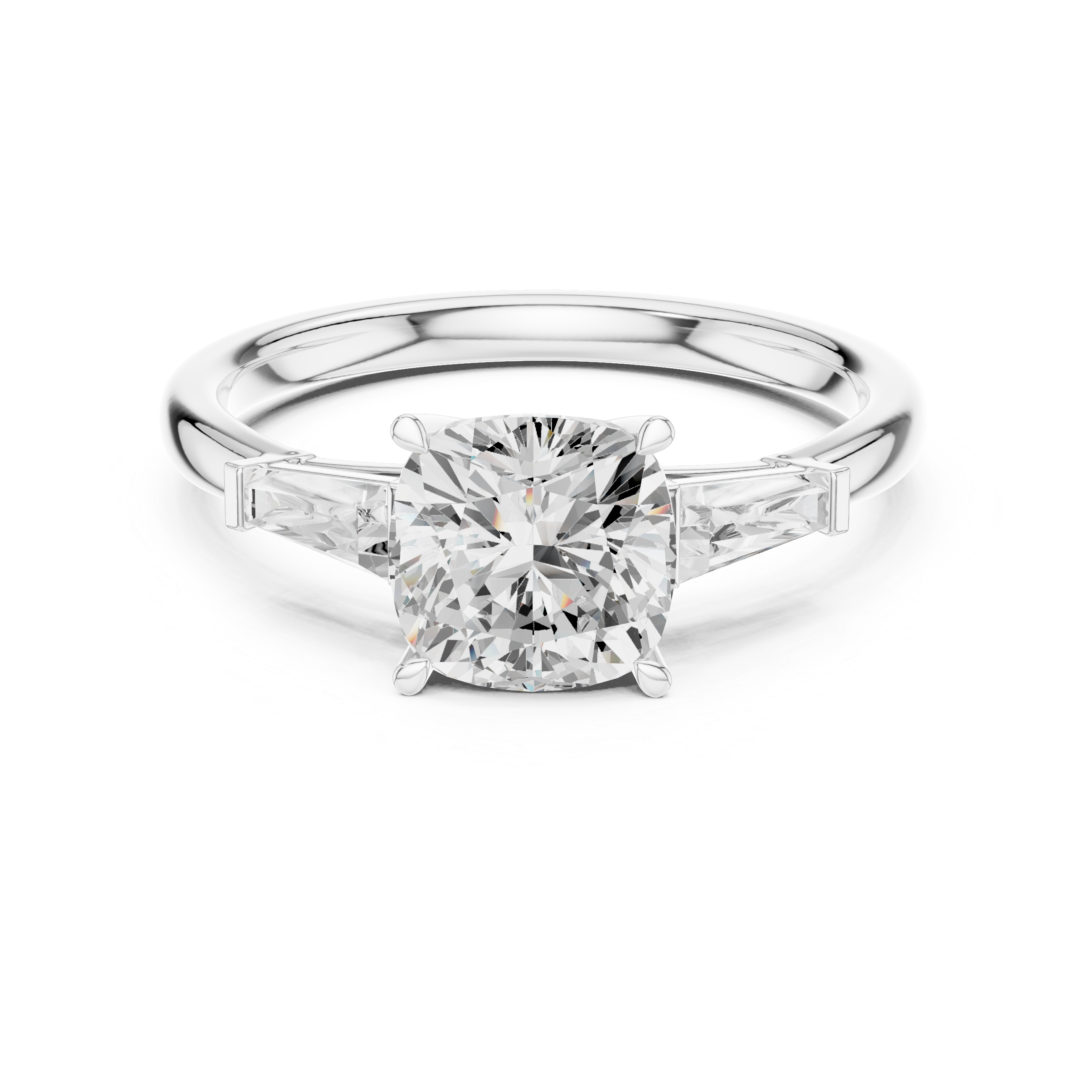 Cushion Cut Three Stone Engagement Ring with Tapered Baguette Side Stones – Classic Solitaire Style