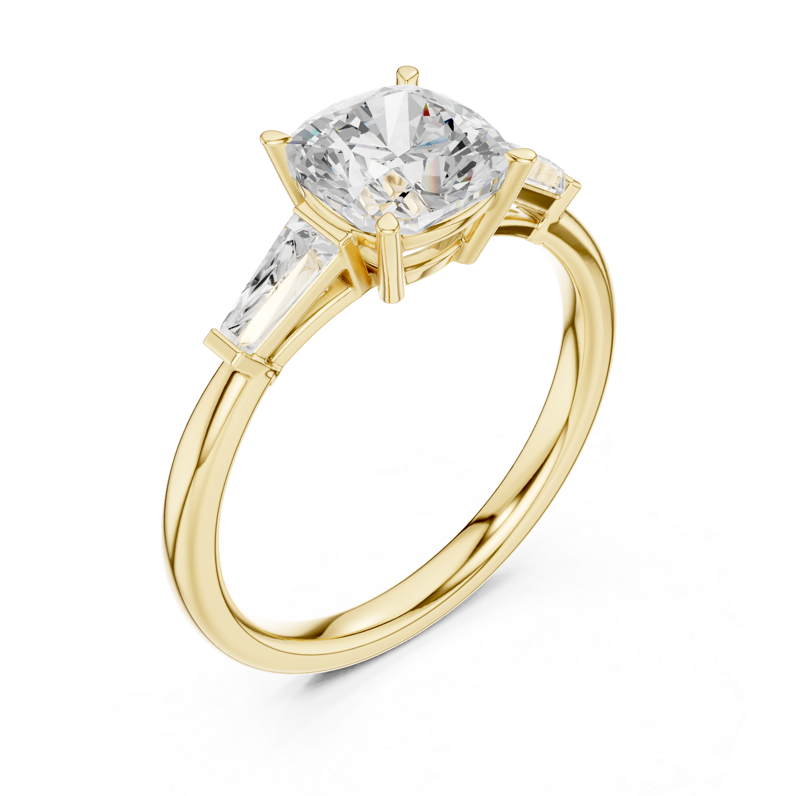 Cushion Cut Three Stone Engagement Ring with Tapered Baguette Side Stones – Classic Solitaire Style