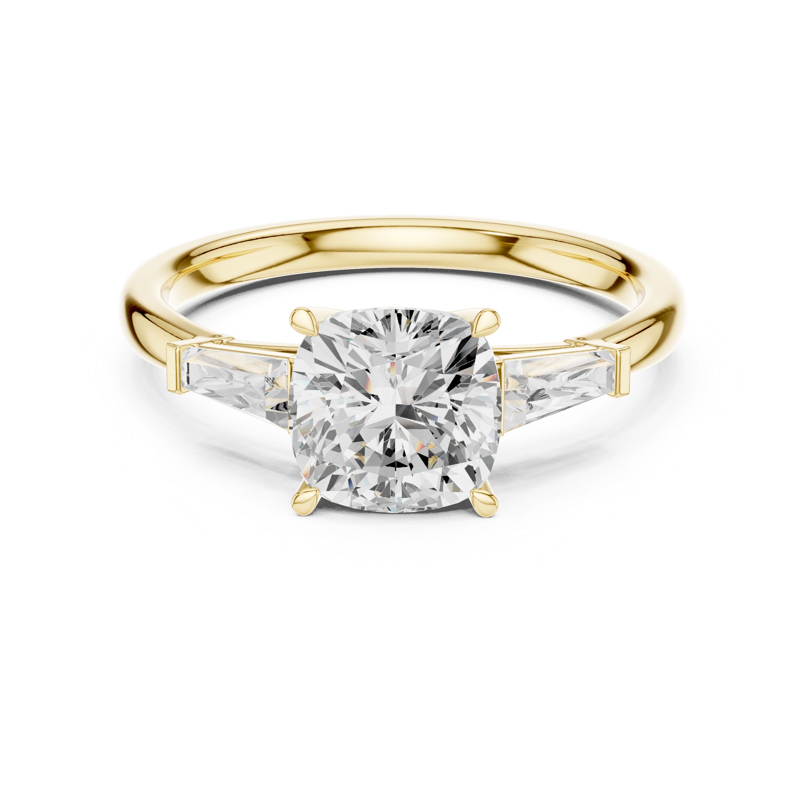 Cushion Cut Three Stone Engagement Ring with Tapered Baguette Side Stones – Classic Solitaire Style