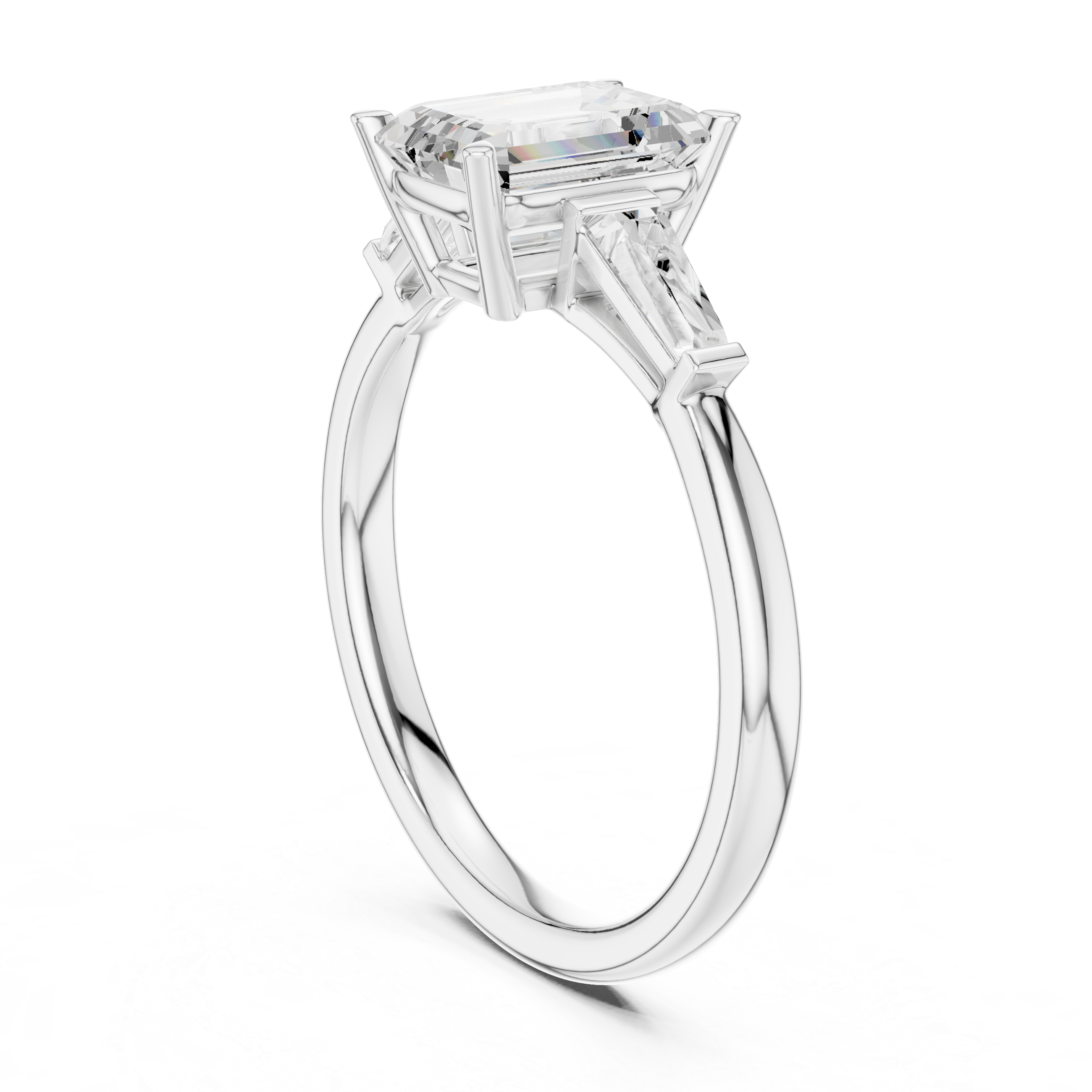 Emerald Cut Three Stone Engagement Ring with Tapered Baguette Side Diamonds – Classic Minimalist Ring