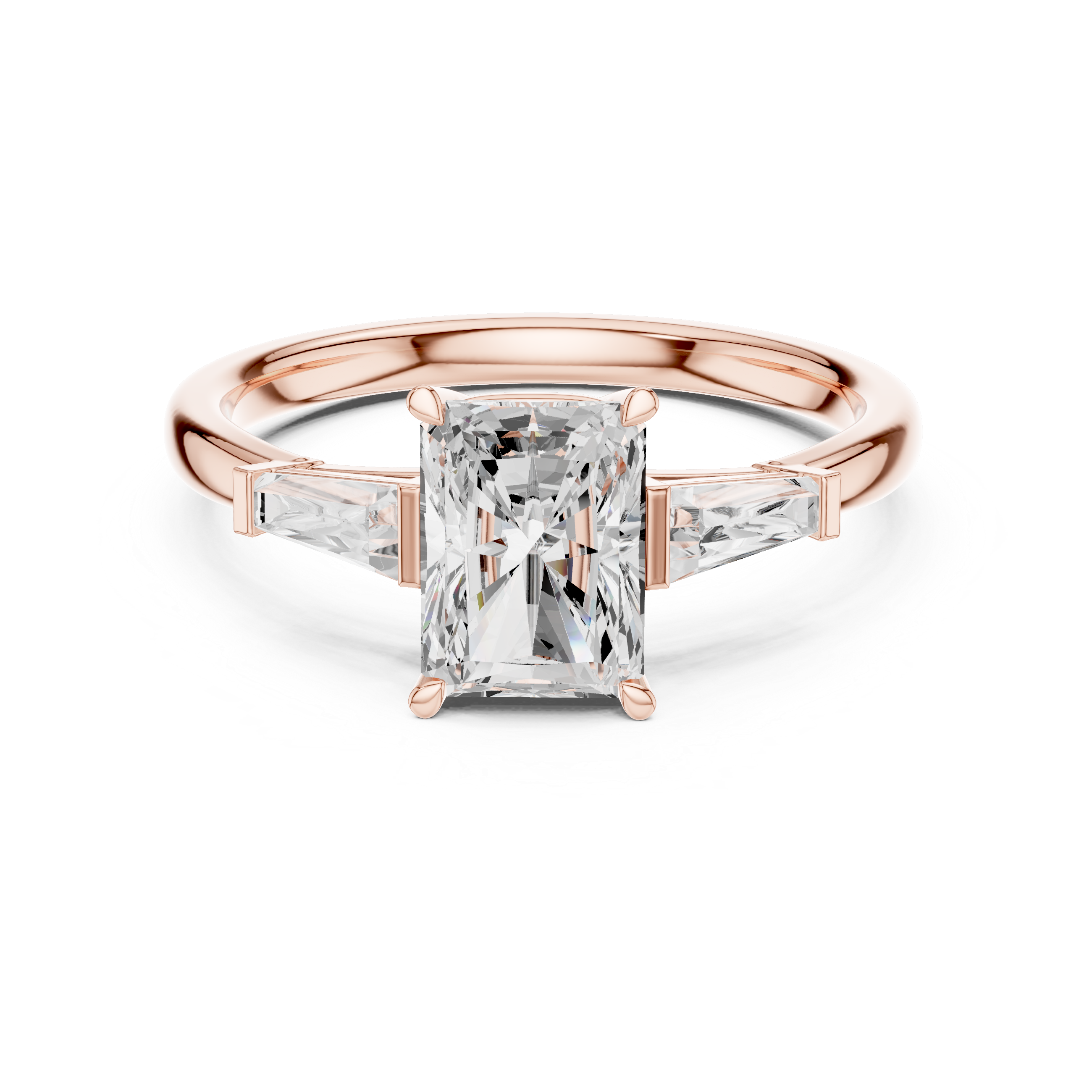 Radiant Cut Three Stone Engagement Ring with Tapered Baguette Side Stones – Minimalist Luxury Ring