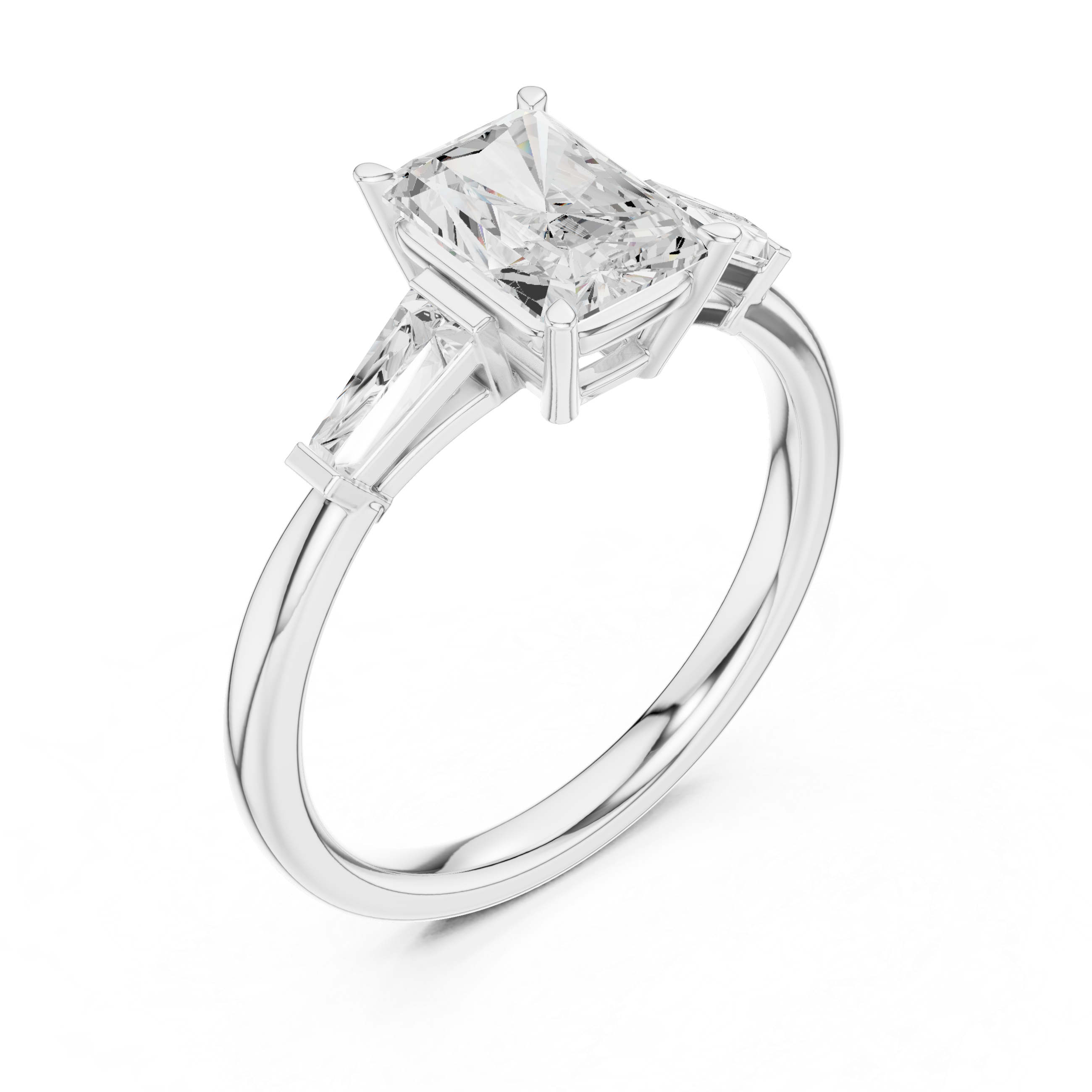 Radiant Cut Three Stone Engagement Ring with Tapered Baguette Side Stones – Minimalist Luxury Ring