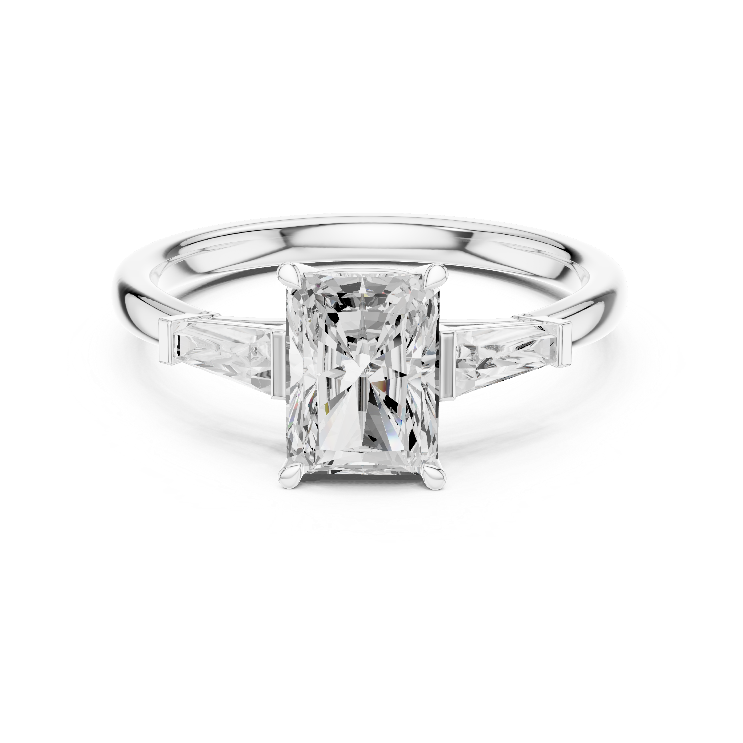 Radiant Cut Three Stone Engagement Ring with Tapered Baguette Side Stones – Minimalist Luxury Ring