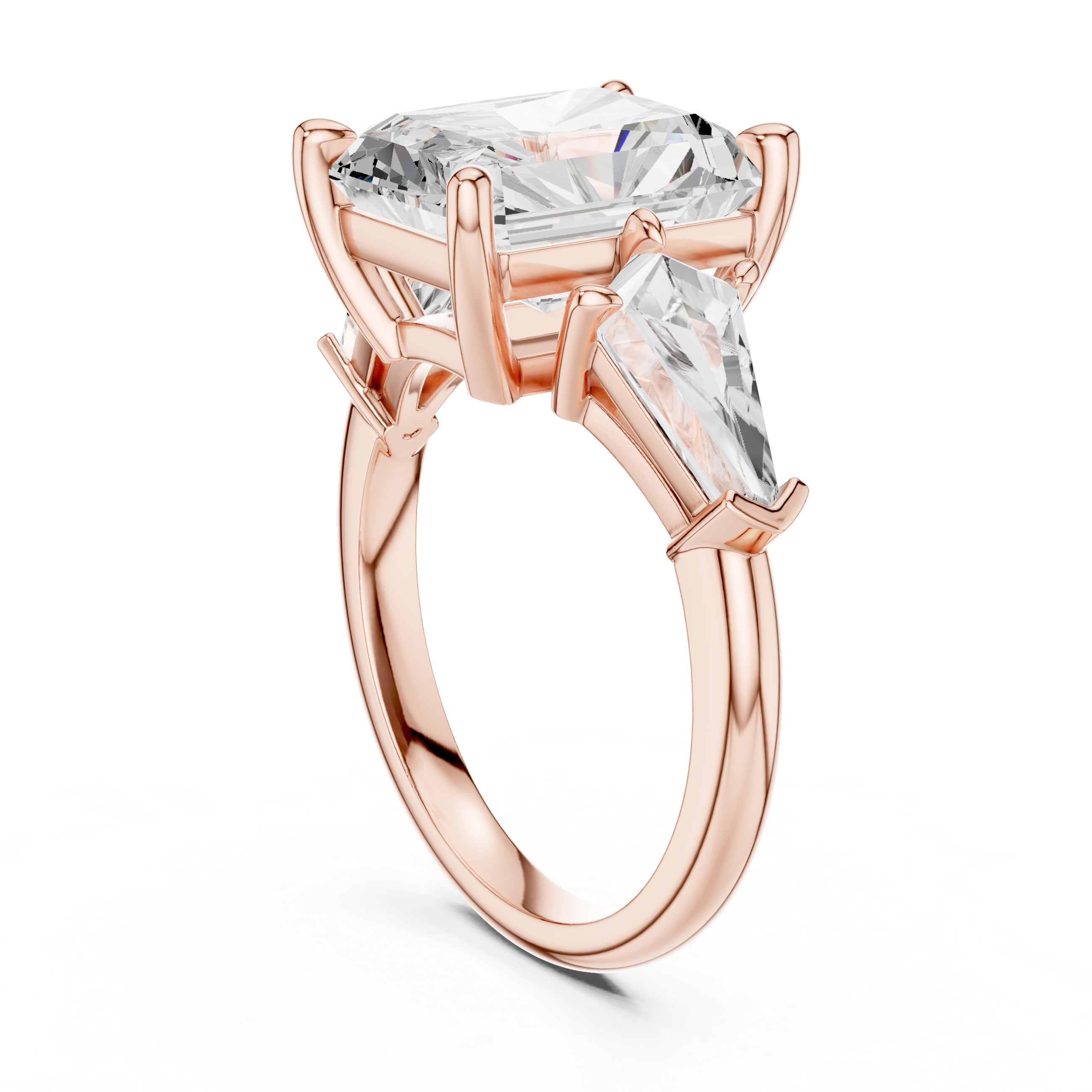 Radiant Cut Three Stone Engagement Ring with Kite Side Diamonds – Modern Statement Ring