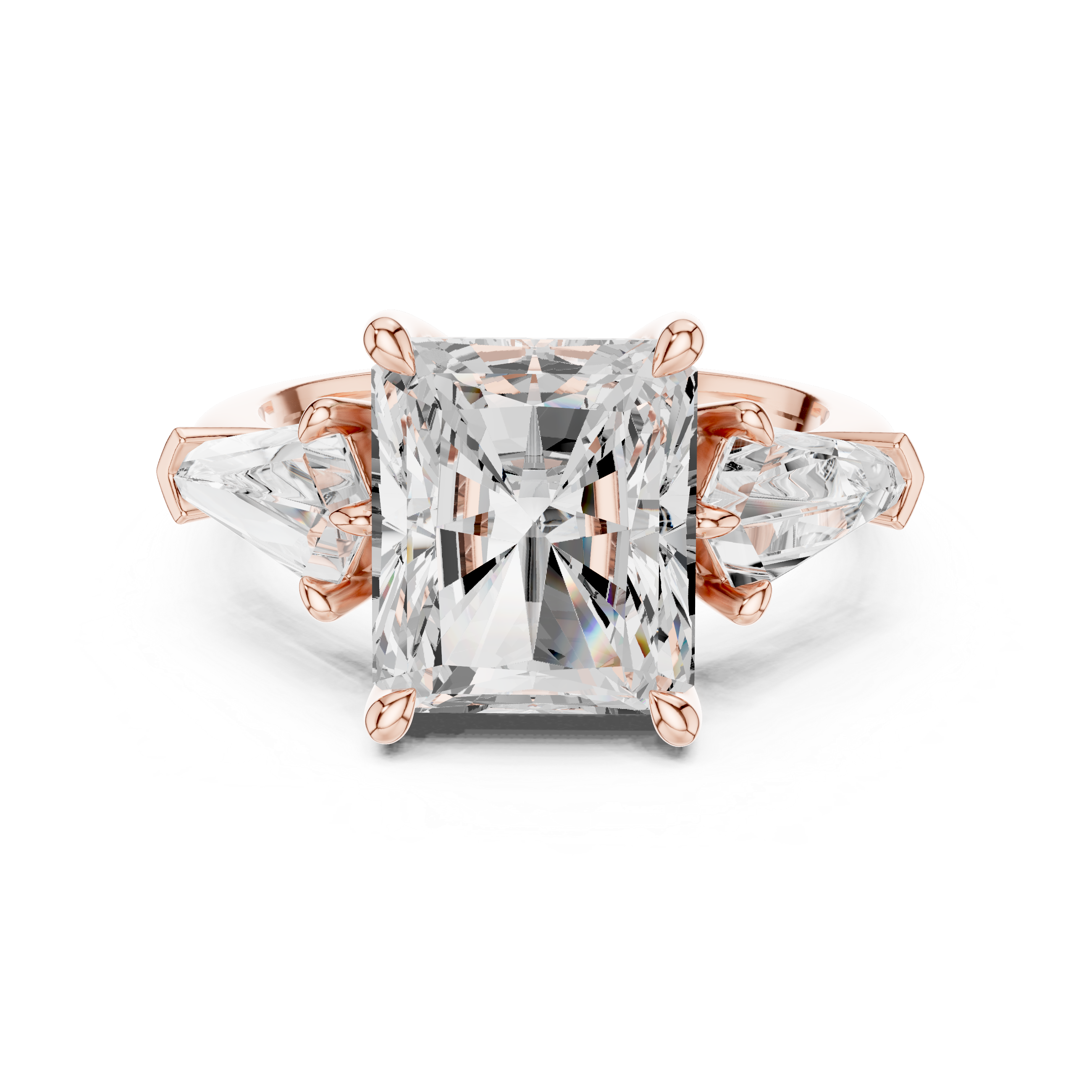 Radiant Cut Three Stone Engagement Ring with Kite Side Diamonds – Modern Statement Ring
