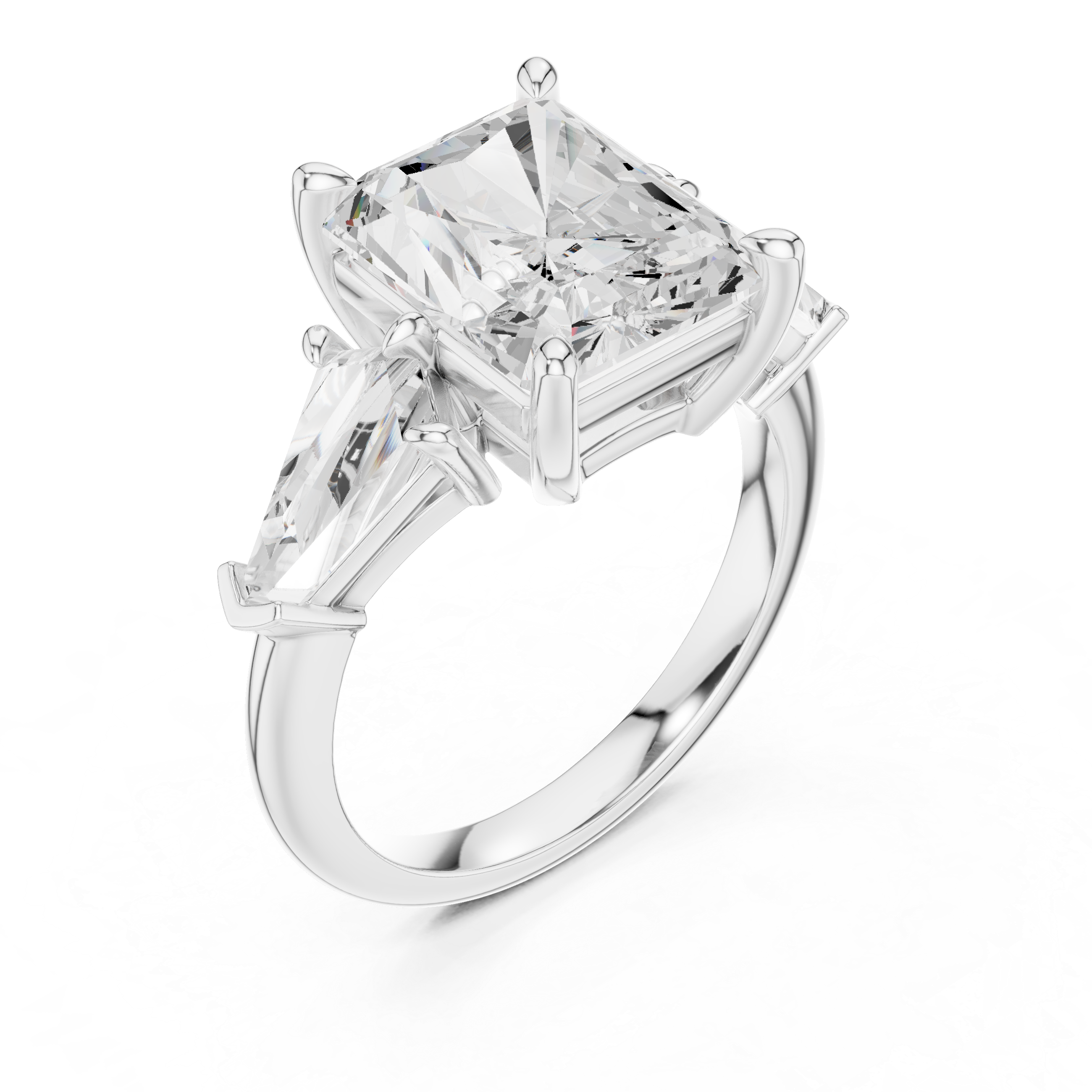 Radiant Cut Three Stone Engagement Ring with Kite Side Diamonds – Modern Statement Ring