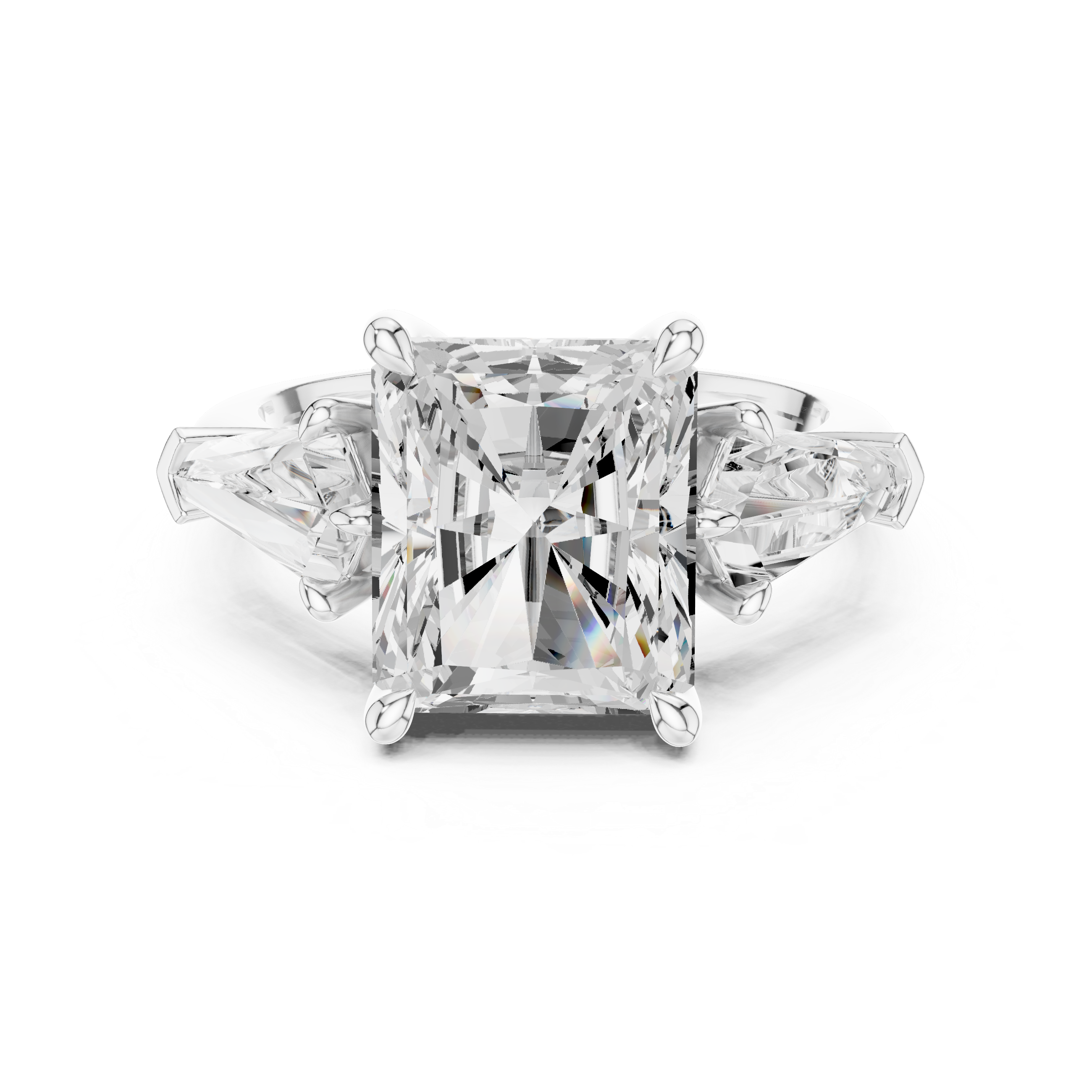 Radiant Cut Three Stone Engagement Ring with Kite Side Diamonds – Modern Statement Ring