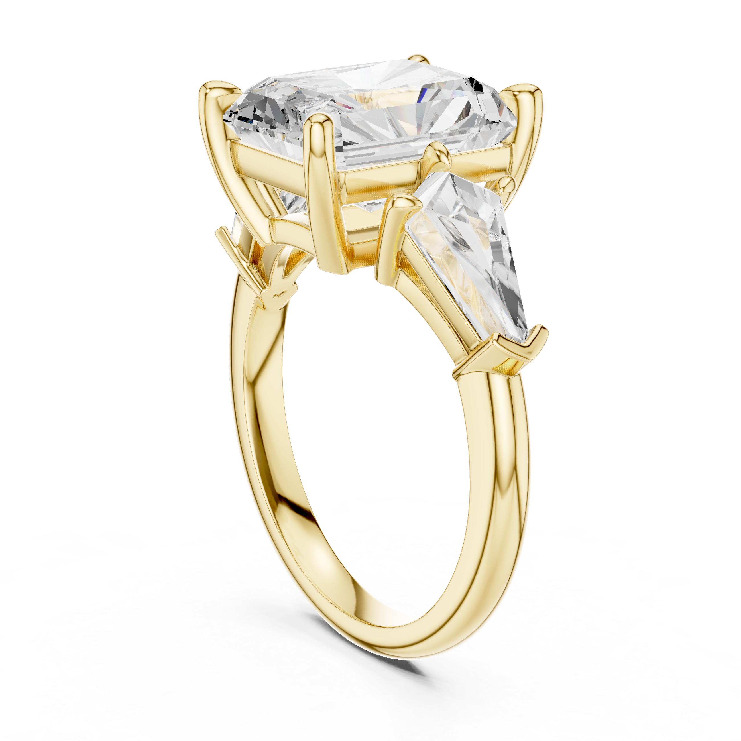 Radiant Cut Three Stone Engagement Ring with Kite Side Diamonds – Modern Statement Ring