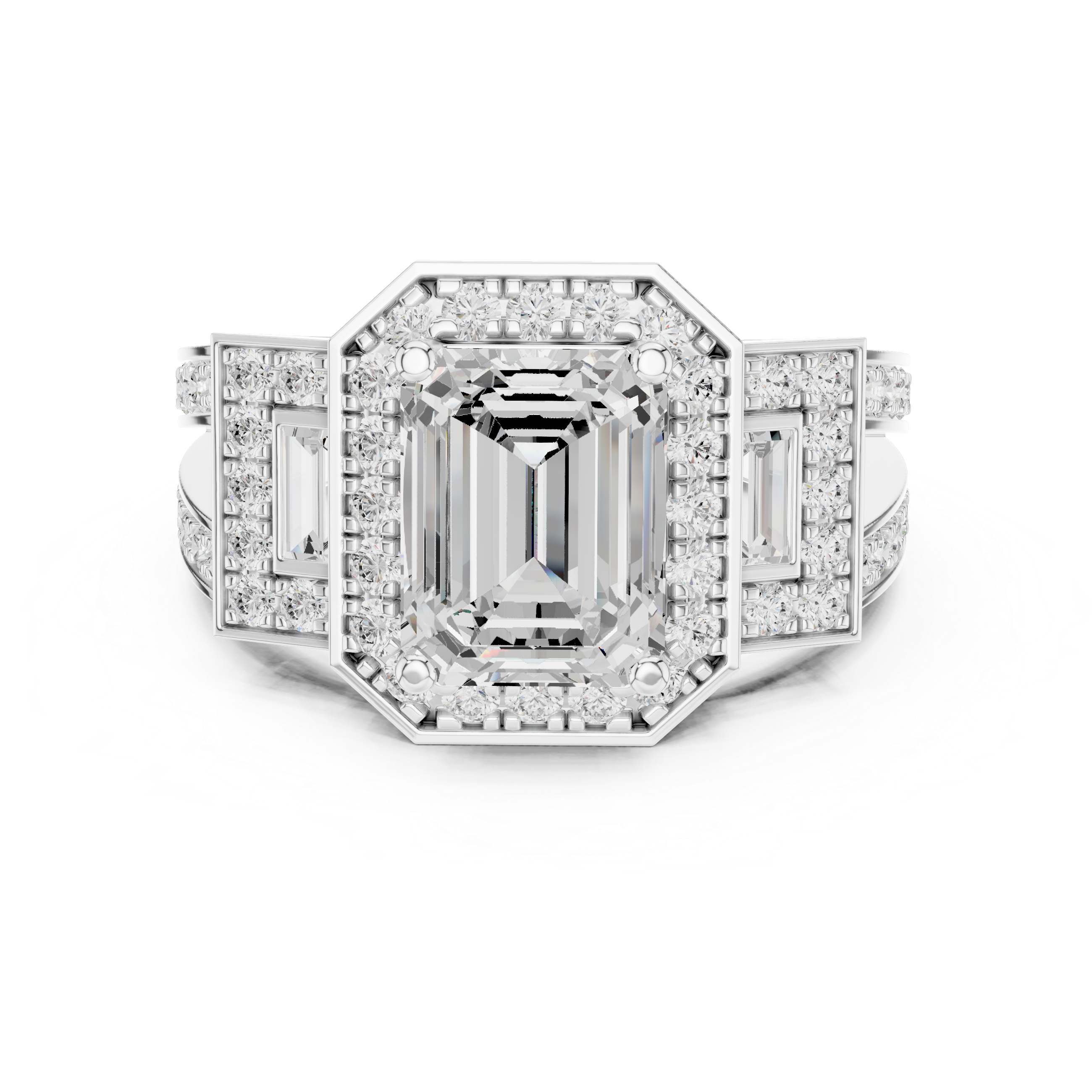 Emerald Cut Halo Engagement Ring with Baguette Side Stones – Art Deco Diamond Ring