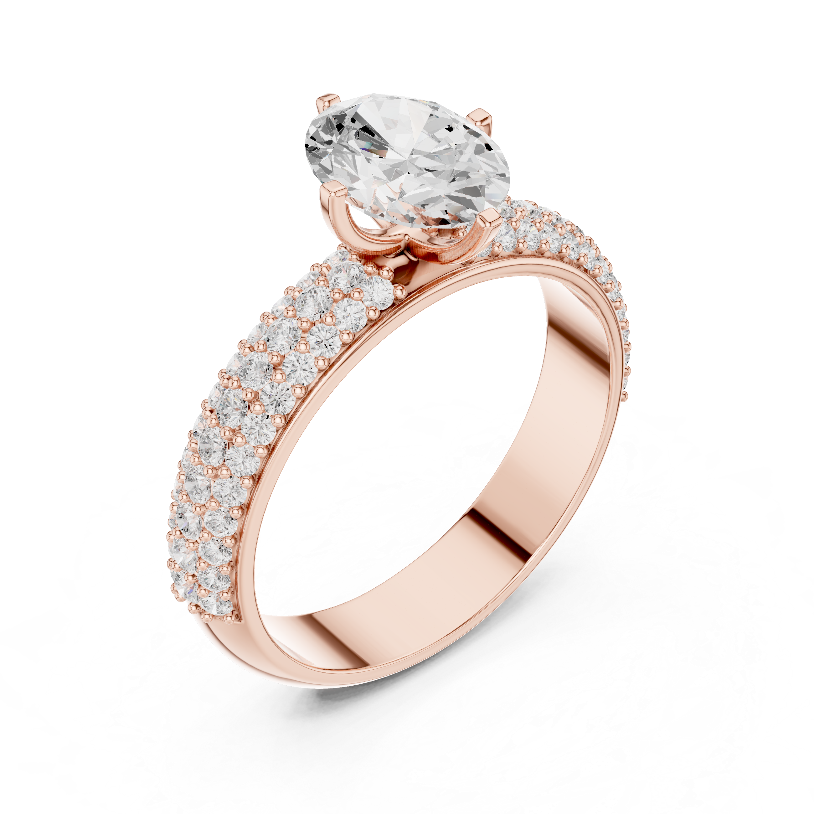 Oval Cut Pavé Engagement Ring – Triple Row Diamond Band Statement Ring