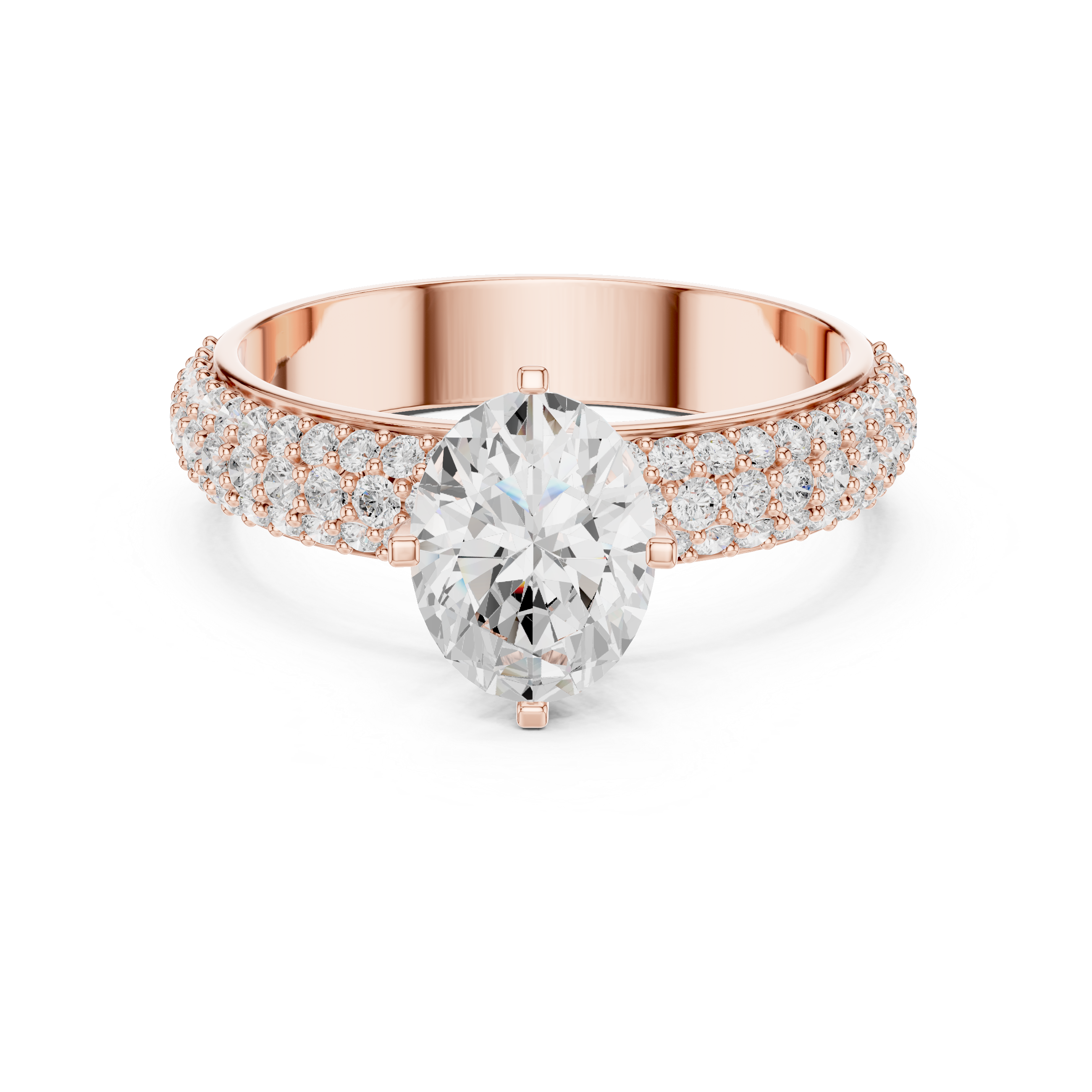 Oval Cut Pavé Engagement Ring – Triple Row Diamond Band Statement Ring