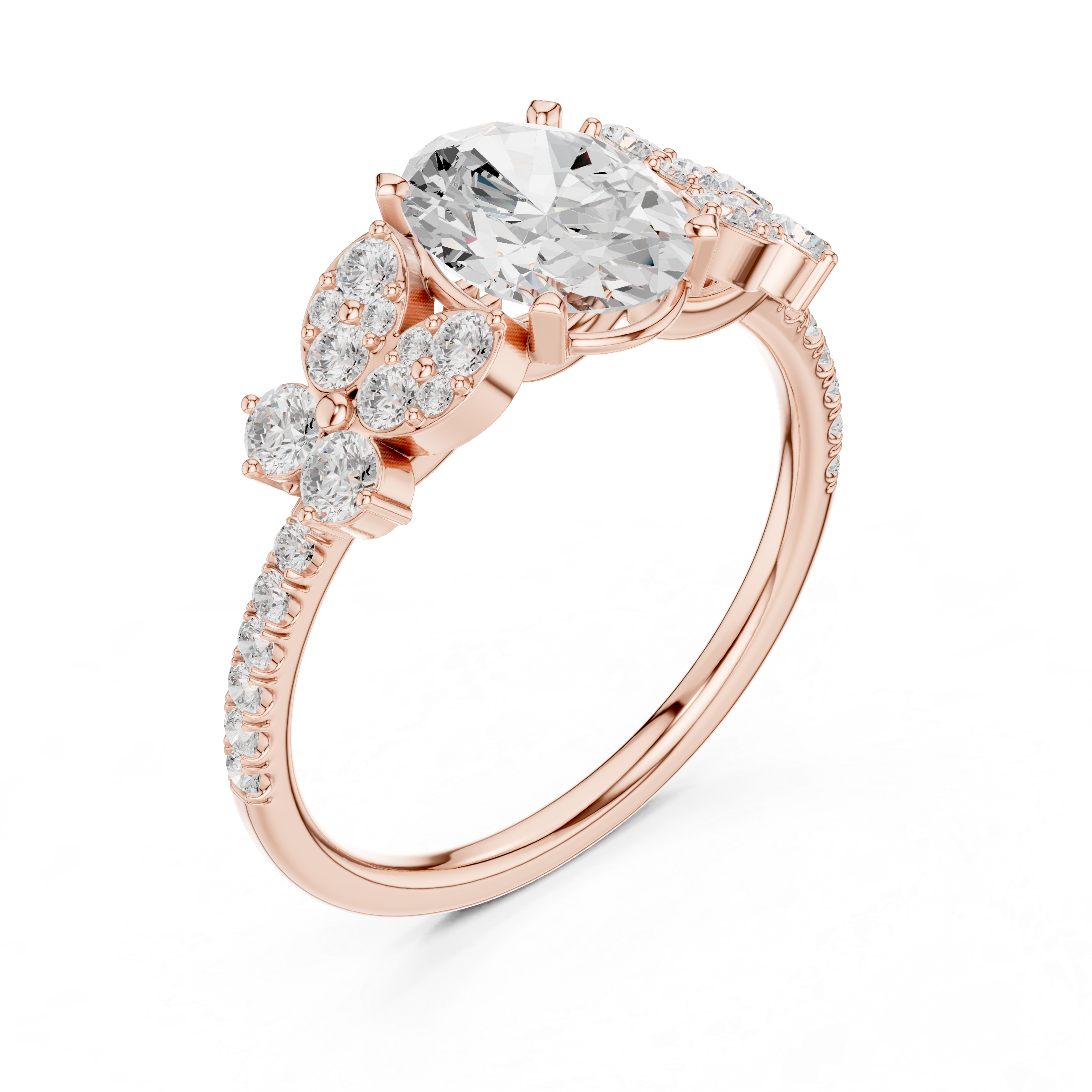 Oval Halo Engagement Ring with Floral Diamond Accents – Vintage Inspired Diamond Ring